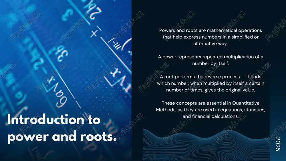 same number three times. it is written like this: ³√ example 3: ³√8 = 2 🔹 explanation: “this is a cube root. two multiplied by itself three times (2 × 2 × 2) equals eight.” roots are used in real life! we use them in: architecture (finding side lengths) science (formulas for speed, energy, etc.) engineering (square roots in measurements) home about us more example: if the area of a square is 49 m², then √49 = 7 → the side is 7 m. summary thank you! qm presintation roots are the opposite of powers. the square root means multiplying two times. the cube root means multiplying three times. we can have any root (nth roots). roots are useful in real life — in science, building, and math problems.