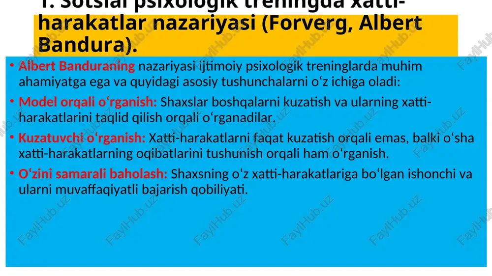 arali qilish. psixoterapiya: ijtimoiy ko‘nikmalarni rivojlantirish uchun boshqa odamlarning ijobiy xatti-harakatlarini kuzatish va o‘rganish. kasbiy tayyorgarlik: ish muhitida modellar (ustozlar) yordamida samarali xatti-harakatlar va ko‘nikmalarni o‘rgatish. bu usul real hayotdagi namunalar orqali o‘rganishni kuchaytiradi va inson xatti-harakatini rivojlantirishda muhim ahamiyatga ega. model orqali o‘rganishning xulq-atvorda qo‘llanilishi quyidagilar bilan bog‘liq: yangi xatti-harakatlarni o‘rganish: insonlar boshqalarni kuzatish orqali yangi xatti-harakatlarni o‘zlashtiradilar. masalan, bolalar ota-onalarining yoki o‘qituvchilarning xulqini kuzatib, o‘zlari uchun yangi ko‘nikmalarni qabul qilishadi. bu jarayon nafaqat bola tarbiyasida, balki professional muhitda ham juda muhimdir. ijobiy va salbiy xulqni shakllantirish: kuzatilgan shaxsning natijalariga qarab xatti-harakatlar ijobiy yoki salbiy tus olishi mumkin. agar xatti-harakat mukofotlangan bo‘lsa, uni takrorlash ehtimoli oshadi, aksincha, jazolanadigan xatti-harakatlar kamayadi. xulq-atvorni tuzatish va o‘zgartirish: model orqali o‘rganish xulq-atvor terapiyasida qo‘llaniladi. misol uchun, qo‘rquv va tashvishlar bilan ishlashda boshqa shaxslarning muvaffaqiyatli misollarini kuzatish orqali o‘z xulqini tuzatishga yordam beriladi. ijtimoiy ko‘nikmalarni rivojlantirish: jamoaviy faoliyatlarda yoki treninglarda kuzatish orqali o‘zaro munosabatlarda …