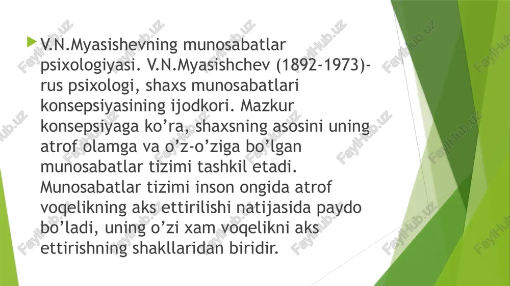 osita aks ettiradi, ammo tafakkurning mantiqiy shakli bo’lgan hukmlarda ham shaxsiy munosabat ifodalanadi. shu tufayli aynan bir hodisa haqidagi har xil insonlarning hukmlari birbiridan farqlanishi mumkin. insonning rivojlanishi masalasini ham v.n.myasishchev munosabatlarning shakllanishi bilan chambarchas bog’laydi. kuzatishlar va tabiiy eksperimentlarning ko’rsatishicha, shartsiz reflektor reaktivlik paydo bo’ladi. ikki yoshdayoq hali unchalik beqaror bo’lmasa-da, bolada uning muayyan narsa va hodisalarga bo’lgan munosabatini ifodalovchi «xohlayman-xohlamayman» , «kerak-kerak emas» , “qiziq-qiziq emas» kabi so’zlar jo’rligida amalga oshiriladigan reaksiyalarni kuzatish mumkin. eng muhimi, bola reaksiyasining mazmuni ishlatayotgan so’zlarining mazmuni bilan hamohangdir. ikki-uch yoshdan boshlab bolalar ancha aniq namoyon bo’luvchi tanlovchan munosabatlarni namoyon etadilar. bu munosabatlar orasida ota-onasiga, bolalarga, tarbiyachilarga, o’yinlarga bo’lgan munosabat, ayniqsa, yorqin namoyon bo’ladi. munosabatlarning ayrim xususiyatlari bu yoshdayoq xarakterning sifatlari mustaqillik, tashabbuskorlik, muloqotchanlik va boshqalarda namoyon bo’ladi. ushbu yosh davrida munosabatlar vaziyat bilan bog’liqligi va tez uzgaruvchanligi bilan ajralib turadi. munosabatlarning xarakteri va rivojlanish darajasi mazkur yosh davrida birinchi navbatda kattalar tomonidan …
