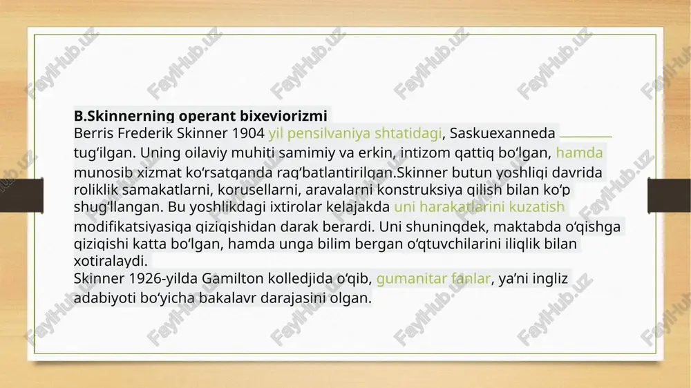 akkur bildirgan.skinner ko‘pgina kitoblar muallifi bo‘lgan. u “organizmning harakati” (1938-yil), “uoldin-2” (1948-yil), “insonning xulq-atvori va fan” (1953-yil), “verbal xulq-atvor” (1957-yil) va boshqa bir qator asarlarini yozgan.uning yozgan asarlaridan “uoldin-2” romano kolledj talabalari orasida keng tarqalgan. uning tarjimaiy holi “tarjimai-hol psixologiyasi tarixi” asarining 5-tomida yoritilgan. skinner 1990-yilda leykemiya kasalligi orqali vafot etgan. skinnerning nazariyasiga yondashuvlari: bixeviorizm uchun “xulq” asosiy tushunchaga aylanib, uning psixikasi bilan aloqasi cheklab o‘tilgan. operant xulq-atvor nazariyasi juda oddiy asosga tay anadi: mustahkamlashdan keyingi harakatlar kuchayadi va ke lajakda yana sodir bo‘lish ehtimoli ko‘proq bo‘ladi. agar siz sinfda kulgili v oqeani aytib bersangiz va hamma kulib qo‘ysa, kelajakda bu voqeani yana aytib beris hingiz mumkin.operant konditsionerlik motivatsiya usuli sifatida kontsept siya ta'rifi o‘rganish nuqtai nazaridan iborada mustahkamlangan xatti-harakat eht imolini oshiradigan ijobiy mustahkamlash. vaziyatga kiritilishi yoki qo‘shilis hi orqali xatti-harakat ehtimolini oshiradigan stimuldir. b.f.skinnerning ishi klassik nuqtai nazar idan kelib chiqqan bo‘lib, bu juda oddiy, chunki insonning murakkab …