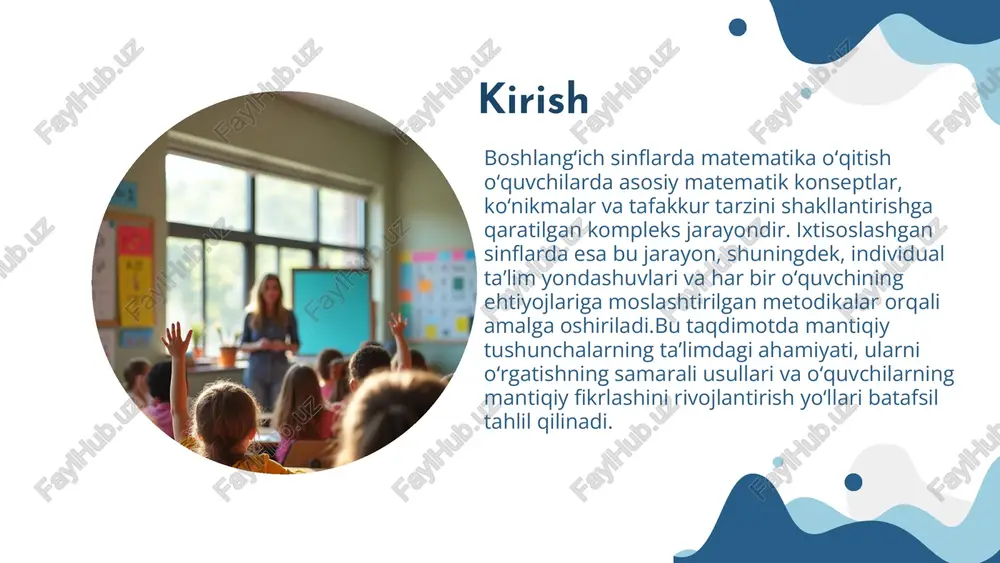izimli va izchil tashkil etilishiga yordam beradi. shuningdek, oʻquv rejalari doirasida o‘quvchilarning mantiqiy va analitik fikrlash ko‘nikmalarini rivojlantirish maqsadida maxsus topshiriq va mashqlar kiritiladi. bu esa o‘quvchilarning mustaqil fikrlash qobiliyatlarini kuchaytirishga xizmat qiladi. 2)mantiqiy tushunchalarning roli va ahamiyati mantiqiy fikrlash asoslari mantiqiy fikrlash — bu matematik bilimlarni chuqur tushunish va samarali qo‘llash uchun zarur asosdir. u o‘quvchilarga murakkab masalalarni tizimli tahlil qilish, asoslangan xulosalar chiqarish va samarali yechimlar topishda yordam beradi. mantiqiy fikrlash ko‘nikmalarini rivojlantirish uchun dars jarayonida aniq, tartibli va sistematik yondashuv qo‘llanilishi muhimdir. bu usul orqali o‘quvchilar murakkab matematik tushunchalarni o‘zlashtirib, mustaqil ravishda fikrlay olish qobiliyatiga ega bo‘ladilar. muammolarni hal qilishda mantiqiy tushunchalar matematik muammolarni yechishda mantiqiy tushunchalar muhim vosita bo‘lib xizmat qiladi. ular o‘quvchilarga murakkab masalalarni bosqichma-bosqich tahlil qilish va tizimli fikrlash orqali samarali yechimlar topishga yordam beradi. mantiqiy yondashuv, shuningdek, murakkab vaziyatlarni chuqur anglashni taʼminlab, o‘quvchilarning mustaqil fikrlashini rivojlantiradi. bu taʼlim jarayonining sifatini oshirishga va o‘quvchilarda …