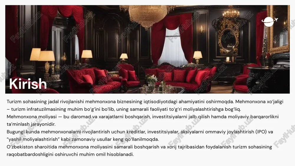 talarini uzoq muddatli ijaraga olish. franchayzing – xalqaro brendlar bilan hamkorlik asosida ish yuritish. ipo (ommaviy joylashtirish) – aksiyalar chiqarish orqali kapital jalb qilish. davlat qo‘llab-quvvatlovi – grantlar va subsidiyalar orqali mablag‘ olish. hindiston tajribasi (ipo misolida) hindiston tajribasida mehmonxonalar kapital jalb etishda aksiyalarni birlamchi ommaviy joylashtirish (ipo) usulidan keng foydalanadi. misollar: chalet hotels limited – 19,8 mln dollar lemon tree hotels limited – 12,5 mln dollar mac hotels limited – 23 ming dollar bu amaliyot mehmonxonalarga: uzoq muddatli barqaror mablag‘ manbai yaratadi, investorlar ishonchini oshiradi, faoliyatni kengaytirish imkonini beradi. hindiston tajribasi mehmonxonalarni moliyalashtirishda ipo usuli samarali ekanini ko‘rsatadi. xalqaro bozor tahlili 2013–2019-yillar davomida global mehmonxona va kurortlar bozori barqaror o‘sishda bo‘lgan. 2020-yilda esa covid-19 pandemiyasi tufayli keskin pasayish kuzatilgan. 2021–2022-yillarda soha qayta tiklanib, bozor hajmi 15% ga o‘sdi. eng yirik mehmonxona tarmoqlari: wyndham hotels & resorts marriott international hilton worldwide aqshda 2022-yilda 132 mingdan ortiq mehmonxona faoliyat yuritgan. bu …