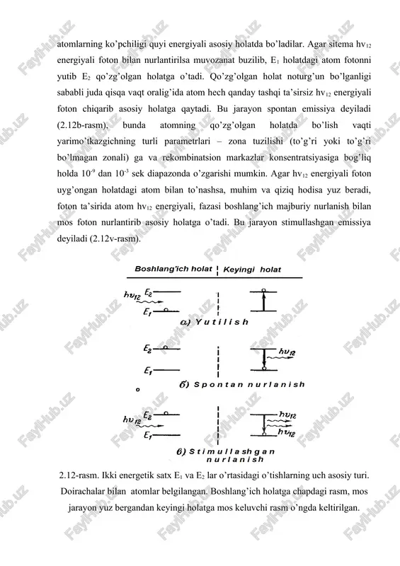 yasi. ushbu satxlar o’rtasidagi o’tishlar plank qonuniga ko’ra hv12=e2-e1 shartdan aniqlanuvchi v12 chastotali foton ajralishi yoki yutilishi bilan kechadi. odatdagi temperaturalarda atomlarning ko’pchiligi quyi energiyali asosiy holatda bo’ladilar. agar sitema hv12 energiyali foton bilan nurlantirilsa muvozanat buzilib, e1 holatdagi atom fotonni yutib e2 qo’zg’olgan holatga o’tadi. qo’zg’olgan holat noturg’un bo’lganligi sababli juda qisqa vaqt oralig’ida atom hech qanday tashqi ta’sirsiz hv12 energiyali foton chiqarib asosiy holatga qaytadi. bu jarayon spontan emissiya deyiladi (2.12b-rasm), bunda atomning qo’zg’olgan holatda bo’lish vaqti yarimo’tkazgichning turli parametrlari – zona tuzilishi (to’g’ri yoki to’g’ri bo’lmagan zonali) ga va rekombinatsion markazlar konsentratsiyasiga bog’liq holda 10-9 dan 10-3 sek diapazonda o’zgarishi mumkin. agar hv12 energiyali foton uyg’ongan holatdagi atom bilan to’nashsa, muhim va qiziq hodisa yuz beradi, foton ta’sirida atom hv12 energiyali, fazasi boshlang’ich majburiy nurlanish bilan mos foton nurlantirib asosiy holatga o’tadi. bu jarayon stimullashgan emissiya deyiladi (2.12v-rasm). 2.12-rasm. ikki energetik satx e1 va e2 lar o’rtasidagi …