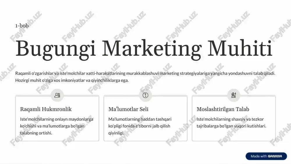 xizmatingizni noyob qiladigan, aniq afzallikni belgilash. 3 vizual identifikator logotip, ranglar sxemasi va shriftlar orqali brendning vizual tilini yaratish. https://gamma.app/?utm_source=made-with-gamma raqamli marketing asboblari: internetda mavjudlik internetdagi mavjudlikni mustahkamlash uchun zamonaviy raqamli vositalardan samarali foydalanish talab etiladi. har bir kanalning afzalliklarini bilish muhimdir. seo va sem qidiruv tizimlarida yuqori o'rinlarni egallash va pullik reklama kampaniyalarini boshqarish. elektron pochta mijozlar bilan shaxsiy aloqalarni rivojlantirish va ularni qaytarish uchun avtomatlashtirilgan kampaniyalar. tahlil asboblari veb-sayt trafigini, foydalanuvchi xatti-harakatlarini va konversiya darajalarini o'lchash. affiliat marketing boshqa sheriklar orqali mahsulotingizni targ'ib qilish va sotuv ulushini olish. muvaffaqiyatli raqamli strategiya barcha ushbu elementlarni integratsiyalashni talab qiladi. https://gamma.app/?utm_source=made-with-gamma kontent marketingi: qanday qilib hikoya qilamiz? qimmatli, dolzarb va izchil kontent yaratish auditoriyani jalb qilish va saqlab qolishning asosiy usulidir. bu sotuv emas, balki qiymat berish haqida. blog postlar va maqolalar auditoriya savollariga javob berish va sohada yetakchilikni namoyish etish. video kontent mahsulot namoyishlari, darsliklar va brend hikoyalarini vizual tarzda …