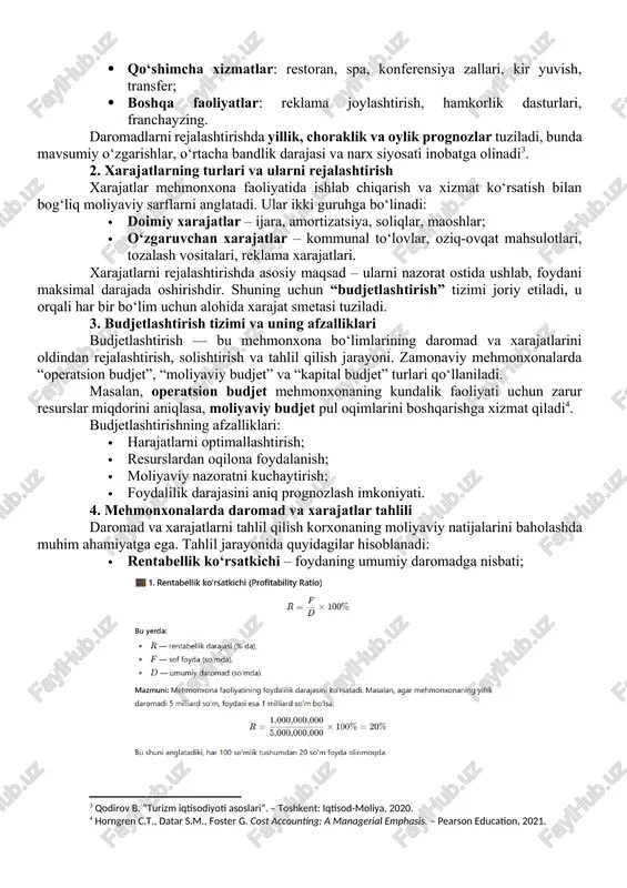 ivojlantirish konsepsiyasi”, toshkent, 2022] [2: o‘zbekiston respublikasi prezidentining pq–5032-son qarori “mehmonxona xo‘jaligini kengaytirish to‘g‘risida”, 2021-yil 20-iyul.] asosiy qism 1. mehmonxonalarda daromad tushunchasi va manbalari daromad — bu mehmonxonaning xo‘jalik faoliyatidan olinadigan moliyaviy natija bo‘lib, u xizmatlar ko‘rsatish, qo‘shimcha xizmatlarni sotish hamda boshqa faoliyat turlaridan keladigan tushumlarni o‘z ichiga oladi. mehmonxonalarda asosiy daromad manbalari quyidagilardan iborat: · asosiy xizmatlar: xona ijarasi, turar joy uchun to‘lov; · qo‘shimcha xizmatlar: restoran, spa, konferensiya zallari, kir yuvish, transfer; · boshqa faoliyatlar: reklama joylashtirish, hamkorlik dasturlari, franchayzing. daromadlarni rejalashtirishda yillik, choraklik va oylik prognozlar tuziladi, bunda mavsumiy o‘zgarishlar, o‘rtacha bandlik darajasi va narx siyosati inobatga olinadi[footnoteref:3]. [3: qodirov b. “turizm iqtisodiyoti asoslari”. – toshkent: iqtisod-moliya, 2020.] 2. xarajatlarning turlari va ularni rejalashtirish xarajatlar mehmonxona faoliyatida ishlab chiqarish va xizmat ko‘rsatish bilan bog‘liq moliyaviy sarflarni anglatadi. ular ikki guruhga bo‘linadi: · doimiy xarajatlar – ijara, amortizatsiya, soliqlar, maoshlar; · o‘zgaruvchan xarajatlar – kommunal to‘lovlar, oziq-ovqat mahsulotlari, …