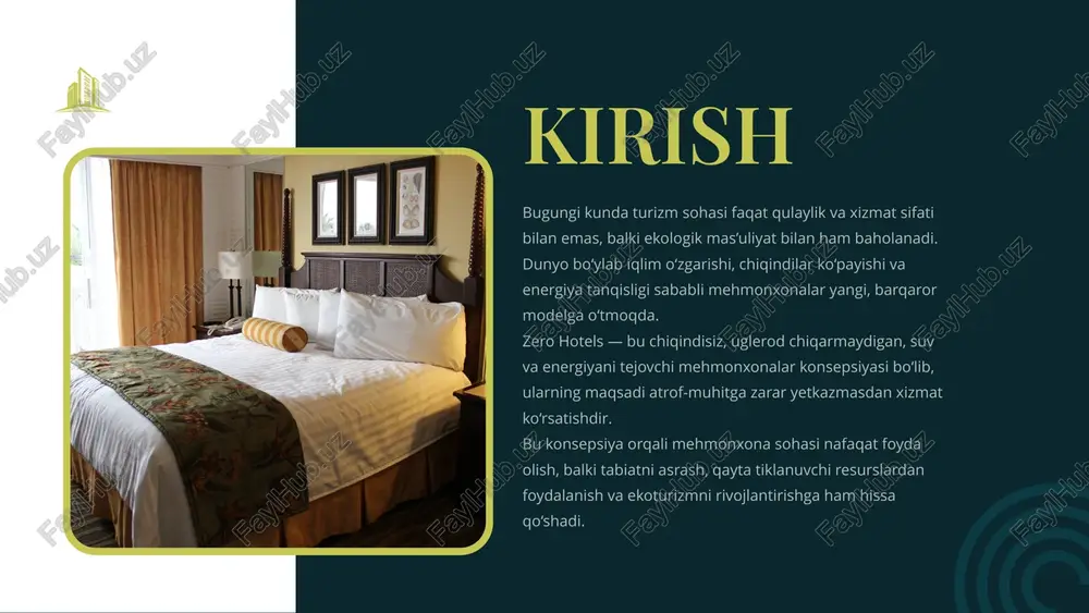 d qiladi. svart hotel — nafaqat ekologik barqarorlik timsoli, balki kelajakdagi “zero hotel” modelining eng mukammal namunasi. u norvegiyaning sovuq iqlimida ham energiyani tejash va ishlab chiqarishning yangi texnologik yechimlarini ko‘rsatadi. dunyoning birinchi energiya ishlab chiqaruvchi mehmonxona — ya’ni u ishlatganidan ko‘ra ko‘proq energiya ishlab chiqadi. svart hotel 2025-yilda to‘liq ishga tushishi rejalashtirilgan. u ishga tushgach, dunyodagi birinchi energiya ortiqcha ishlab chiqaruvchi mehmonxona bo‘ladi. svart hotel (norvegiya) joylashuvi: yamanashi prefekturasi, fuji tog‘i yaqinidagi aokigahara o‘rmoni hududi. tashkil etilgan yili: 2015-yil tarmoq: mashhur yapon “hoshinoya resorts” mehmonxonalar tarmog‘iga kiradi. hoshinoya fuji — dunyodagi birinchi “luxury glamping” (luks tabiat lageri) bo‘lib, mehmonlarga tabiat bilan uyg‘un yashash tajribasini taqdim etadi. mehmonxona “zero waste” (chiqindisiz) tamoyiliga asoslanadi va minimal ekologik ta’sir bilan ishlaydi. hoshinoya fuji (yaponiya) parkroyal collection pickering (singapur) joylashuvi: singapur markazida, chinatown va marina bay oralig‘ida joylashgan. qurilgan yili: 2013-yil arxitektura byurosi: woha architects — ekologik dizayn bo‘yicha dunyoda mashhur kompaniya. bu …