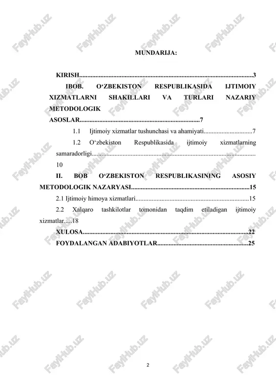 va inson qadrini ta'minlaydi. "o'zbekiston respublikasi konstitutsiyasining 1-moddasi"da o'zbekiston ijtimoiy davlat ekani belgilab qo'yilgan. ijtimoiy davlat nima, ijtimoiy davlatning qanday belgilari bo'ladi? ijtimoiy davlat [footnoteref:1]- aholining turmush sharoiti va sifat jihatdan tabaqalanishiga, ya'ni ular o'rtasidagi yashash uchun ketadigan sarf-xarajatlar kattalashib ketishiga yo'l qo'ymaslik, asosiy maqsad - jamiyatda yaratilayotgan moddiy va ma'naviy boyliklarni ijtimoiy adolat tamoyili asosida barcha fuqarolarga teng taqsimlashdan iboratdir. shunga ko'ra, o'zbekiston respublikasi prezidenti sh.mirziyoyevning 2023 yilning 1 iyunidagi "aholiga sifatli ijtimoiy xizmat va yordam ko'rsatish hamda uning samarali nazorat tizimini yo'lga qo'yish bo'yicha kompleks chora-tadbirlar to'g'risida"gi pf-82-sonli farmoni bo'yicha o'zbekiston respublikasi prezidenti huzurida "ijtimoiy himoya milliy agentligi" tashkil etildi. bmt agentliklari ekspertlari aholining barcha qatlamlari uchun ijtimoiy himoya, yordam va xizmatlarni muvofiqlashtirish vakolati va funksiyalariga ega bo'lgan bunday tashkilot zarurligini bir necha bor ta'kidlagan edi[footnoteref:2]. [1: o‘zbekiston respublikasi konstitutsiyasi 1-bob 1-modda 01.05.2023] [2: o‘zbekiston respublikasi prezidentining qarori, pq-82-son] dunyo tajribasidan ma'lumki, ijtimoiy xizmatlarni rivojlantirish natijasida davlatlarda adolat …