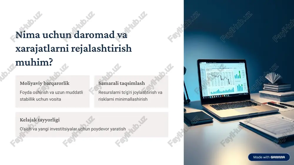 emenal byudjetlash o'tgan yilning byudjetiga ma'lum foiz qo'shish asosida yangi byudjet shakllantirish. sodda lekin eski ma'lumotlar ustiga asos tutadi. 2 faoliyatga asoslangan byudjetlash har bir xizmat va faoliyat uchun xarajatlarni aniq belgilash. xizmat to'g'ri narxlanishi uchun samarali. 3 noldan byudjetlash har bir xarajatni noldan asoslash va qayta ko'rib chiqish. eng aniq lekin vaqt talab etuvchi usul. https://gamma.app/?utm_source=made-with-gamma rolling forecast: doimiy prognoz usuli rolling forecast 4 har oylik yoki choraklik natijalar asosida rejalashtirishni yangilash usuli. bu usul moliyaviy oqimlarni boshqarishda juda samarali. bozor o'zgarishlariga tezda moslashish imkoniyati beradi prognozlar yanada aniq va ishonchli bo'ladi kelajakdagi muammolarni avvol aniqlash imkonini yaratadi https://gamma.app/?utm_source=made-with-gamma real misol: kichik mehmonxonaning daromad- xarajat rejalari $120,& 2024 yil daromad maqsadi xonalar ijarasi va qo'shimcha xizmatlardan kutilayotgan umumiy daromad $70,0& asosiy xarajatlar ijara, kadrlar ish haqi, ta'mirlash va texnik xizmatlar $15,0& qo'shimcha xizmatlar ovqatlanish, transport, spa va boshqa qo'shimcha faoliyatlardan daromad $35,0& rejalashtirilgan sof foyda daromad va xarajatlar farqi …