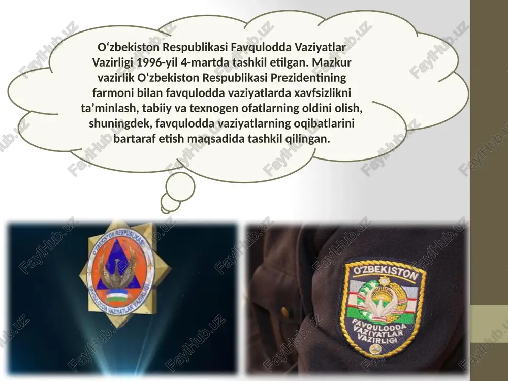 iladigan chegaraviy konsentratsiyalardan ancha ortiq miqdorda sanitariya himoya hududidan chetga chiqishiga sabab bo’ladigan kimyoviy xavfli obyektlardagi avariyalar, yong’in va portlashlar. 3. yong’in - portlash xavfi mavjud bo’lgan obyektlardagi avariyalar: -texnologik jarayonda portlaydigan, oson yonib ketadigan hamda boshqa yong’in uchun xavfli moddalar va materiallar ishlatadigan yoki saqlanadigan obyektlardagi, odamlarning mexanik va termik shikastlanishlariga, zaxarlanishiga va o’limiga, asosiy ishlab chiqarish fondlarining nobud bo’lishiga, favqulodda vaziyatlar hududlarida ishlab chiqarish siklining va odamlar hayot faoliyatining buzilishiga olib keladigan avariyalar, yong’inlar va portlashlar; -odamlarning shikastlanishiga, zaxarlanishiga va o’limiga olib kelgan hamda qidirish - qutqarish ishlarini o’tkazishni, nafas olish organlarini muhofaza qilishning maxsus anjomlarini va vositalarini qo’llanishni talab qiluvchi ko’mir shaxtalaridagi va kon-ruda sanoatidagi gaz va chang portlashi bilan bog’liq avariyalar, yong’inlar va jinslar qo’porilishi. 4. energetika va kommunal tizimlardagi avariyalar: -aholi hayot faoliyatining buzilishiga va salomatligiga xavf tug’ilishiga olib kelgan gaz quvurlaridagi, suv chiqarish inshootlaridagi, suv quvurlaridagi, kanalizatsiya va boshqa kommunal obyektlardagi avariyalar; -sanoat va …