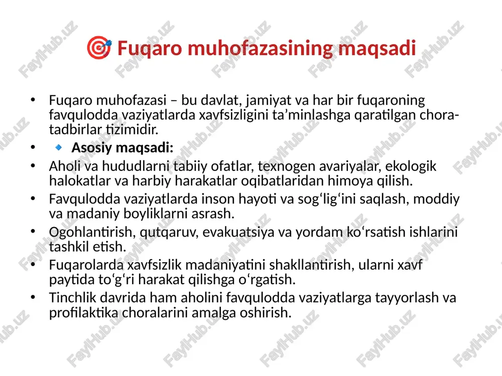 holini, davlat organlarini va muassasalarni o‘z vaqtida xabardor qilish tizimidir. 🔹 asosiy vazifalari: aholini tezkor va ishonchli tarzda xavf haqida ogohlantirish. favqulodda vaziyat oqibatlarini kamaytirish uchun zarur choralarni ko‘rishga imkon yaratish. qutqaruv xizmatlari va maxsus tuzilmalarni tezkor safarbar etish. evakuatsiya va himoya tadbirlarini boshlashga sharoit yaratish. 🔹 ogohlantirish vositalari: sirenalar va maxsus signal qurilmalari. radio va televideniye orqali xabar berish. mobil aloqa, sms va internet tarmoqlari orqali ogohlantirish. maxsus ovoz kuchaytirgich moslamalari. 🔹 ahamiyati: inson hayotini saqlashda eng muhim omillardan biri. aholining vahimaga tushmasdan, to‘g‘ri harakat qilishiga yordam beradi. favqulodda vaziyat oqibatlarini kamaytiradi va jamiyat barqarorligini ta’minlaydi. 📌 favqulodda vaziyatlarni asosiy vazifalar - favqulodda vaziyatlarning oldini olish - qutqaruv va tiklash ishlarini amalga oshirish - davlat tizimini boshqarish (fvdt) - kuch va vositalarni birlashtirish 👥 fuqarolarning huquq va majburiyatlari huquqlari: - fvlar haqida xabardor bo‘lish himoya vositalari turlari shaxsiy himoya vositalari (shhv): nafas olish organlarini himoya qilish vositalari: gaz niqobi, …