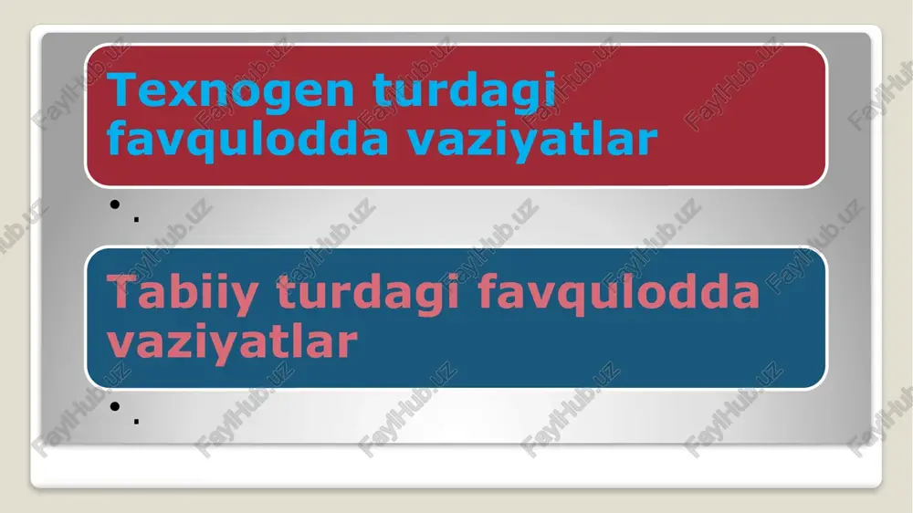 hamda suv bosgan hududlarda odamlar o‘limiga, sanoat va qishloq xo‘jaligi obyektlari ishining, aholi hayot faoliyatining buzilishiga olib kelgan va shoshilinch ko‘chirish tadbirlarini talab qiladigan halokatli suv bosishlari. tabiiy turdagi favqulodda vaziyatlar geologik xavfli hodisalar gidrometeorologik xavfli hodisalar favqulodda epidemiologik, epizootik va epifitotik vaziyatlar geologik xavfli hodisalar odamlar o’limiga, ma’muriy - ishlab chiqarish binolarini, texnologik asbob-uskunalarning, energiya ta’minoti, transport kommunikatsiyalari va infratuzilma tizimlarining, ijtimoiy yo’nalishdagi binolarning va uy-joylarning turlicha darajada buzilishiga, ishlab chiqarish va odamlar faoliyatining izdan chiqishiga olib kelgan zilzilalar; -odamlar o’limiga olib kelgan yoki olib kelishi mumkin bo’lgan va xavfli hududdan odamlarni vaqtincha ko’chirishni yoki xavfsiz joylarga doimiy yashash uchun ko’chirishni talab qiluvchi yer ko’chishlari, tog’ o’pirishlari va boshqa xavfli geologik hodisalar. e’tiboringiz uchun raxmat
