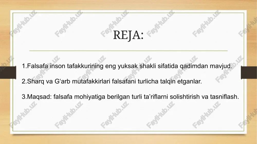 a va e’tiqodni bir butun holda tahlil qilgan. haqiqiy baxt – bilim va ezgulik orqali inson ruhining yuksalishidadir. moddiy dunyo va ma’naviy dunyo o‘zaro bog‘liq, biri ikkinchisini to‘ldiradi. 3. asarlari eng mashhur asarlari: “tib qonunlari”, “kitob ush-shifo”, “najot kitobi”. bu asarlar falsafa, tibbiyot va mantiq sohalarida bebaho manba hisoblanadi. 4. xulosa ibn sino falsafasi insonni bilimga, tafakkurga va ma’naviy komillikka chorlaydi. forobiy — buyuk faylasuf, olim va musiqa nazariyotchisi, “muallim as-soniy” (ikkinchi muallim) nomi bilan mashhur. u o‘rta osiyoda tug‘ilgan, keyinchalik bag‘dodda tahsil olib, yunon falsafasini chuqur o‘rgangan. 2. falsafiy qarashlari forobiy falsafaning bosh maqsadini insonning baxt-saodatga erishuvi deb bilgan. u jamiyatni “fozil” (ma’naviy barkamol) va “nofuzil” (axloqsiz) jamiyatlarga ajratgan. haqiqiy fozil jamiyat – ilm, adolat, axloq va birlik ustiga qurilgan. inson aql orqali haqiqatni anglaydi va ezgulikka yetadi. 3. asarlari mashhur asarlari: “fozil odamlar shahri”, “baxt-saodat haqida”, “aql ma’nolari haqida”. u falsafani mantiq, axloq va siyosat bilan bog‘lagan. 4. …