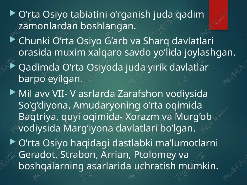osiyo bu bosqichda har tomonlama turli maqsadlarda o’rganildi. o’rta osiyo rossiya imperiyasi tomonidan bosib olingunga qadar uning tabiati i. xoxlov (1620), b. pazuxin (1669-1673), beneveni (1718-1725), f. yefremov, g.s karelin va boshqalar tomonidan o’rganildi. ular asosan xorazm, qoraqum, qizilqum, markaziy qozog’iston, orol dengizi tabiatini o’rgandilar. o’rta osiyo rossiyaning mustamlakasiga aylantirilgandan keyin uning tabiiy boyliklaridan ko’proq, to’liqroq foydalanish maqsadida tabiatini o’rganish yana ham kengaydi. bu davrda uning tabiati, xo’jaligini p.p. semyonov-tyanshanskiy (1856-1697), n.a. seversov (1864-1878), a.p. fetchenko (1868-1871). i.v.mushketov (1877-1880), v.a.obruchev, l.s. berg va boshqalar o’rgandilar. natijada, o’rta osiyo tog’larining paydo bo’lishi, o’rta osiyoning geologik tuzilishi, foydali qazilmalari, o’simligi, hayvonot dunyosi haqida, orol dengizining tbiiy geografik sharoiti haqida muhim ilmiy ma’lumotlar olindi. uchinchi bosqich, oktabr to’ntarilishidan hozirgacha bo’lgan davrni o’z ichiga oladi. bu davrda o’rta osiyo tabiiy boyliklari juda tez sur’atlar bilan o’zlashtirila boshlandi. uning gealogiyasi, relyefi, iqlimi, ichki suvlari, tuprog’i, o’simligi va hayvonot dunyosi, tabiiy- georafik o’lkalari chuqur va har …
