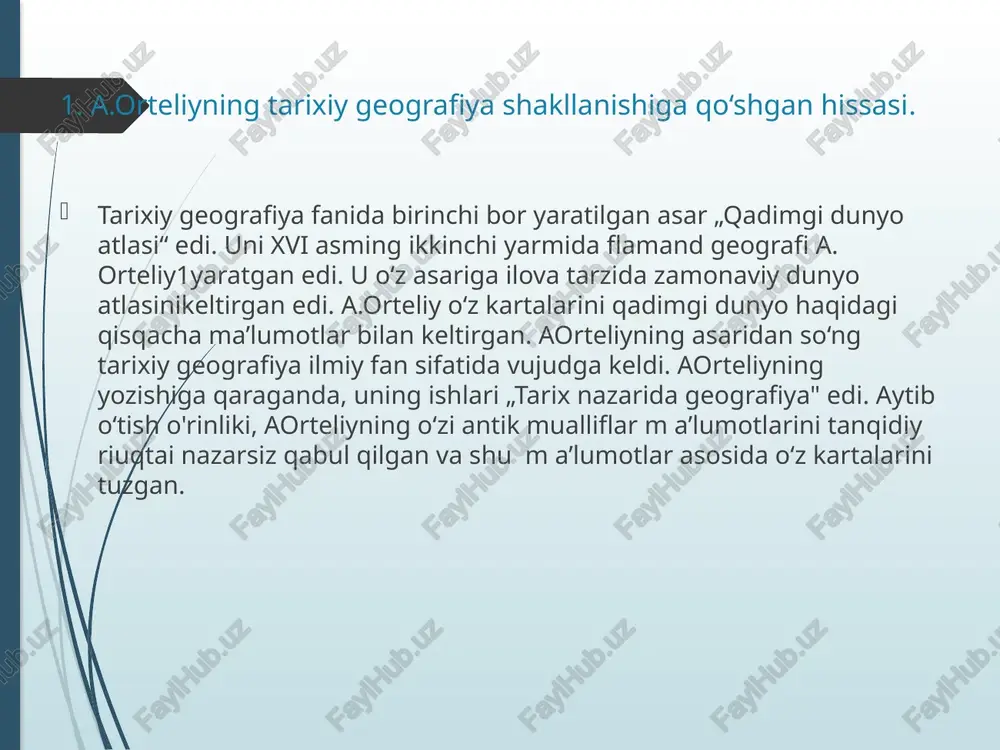 n iborat bo‘lgan antik davming geografik atlasini tuzilishiga sabab bo'ldi. shuningdek, a.orteliy va v.dyuval tomonidan tuzilgan kartalarda afsonaviy voqea-hodisalar va injildagi rivoyatlar tasvirlangan. masalan, avliyo pavel va ibrohim payg‘ambarning sayohati, troyalik eneyning dengiz sayohati, odisey yurgan yo'llar tasvirlangan. keyinroq kartalarda tarixiy-iqtisodiy m a’lumotlar ham qayd qilina boshlangan. 2.xix asrning ikkinchi yarmida tarixiy geografiyaning yangi qirralari. xix asming ikkinchi yarmidantarixiy ilmiy tadqiqotlar ijtimoiy-iqtisodiy tarixiy ma’lumotlami o‘rganish hisobiga boyib bordi. bu yo‘nalish bo‘yicha ko'zga ko‘rinarli qilingan ishlardan biri 1936 yilda kembrijda g.k.darbi rahbarligidagi ilmiy jamoa tomonidan nashrdan chiqarilgan angliyaning tarixiy geografiyasi to‘g‘risidagi asami keltirishimiz mumidn1. bu asar angliyaning 1800 yilgacha bo‘lgan tarixiy geografiyasiga bag‘ishlangan. g ‘arbiy yevropada tarixiy geografiya faniga a.orteliy, f.klyuver, j.b. d ’anvil, g.k.darbi kabi olimlar katta hissa qo‘shganlar.rossiyada esa tarixiy geografiyaning asoschisi v.n.tatishev2 hisoblanadi. i. n. boltin ham mazkur fanning rivojlanishiga katta e’tibor qaratgan. xix asming ikkinchi yarmidan tarixiy geografiya sohasida tadqiqotlar olib borgan n.n.barsov kiyev rusi geografiyasini o‘rgandi …
