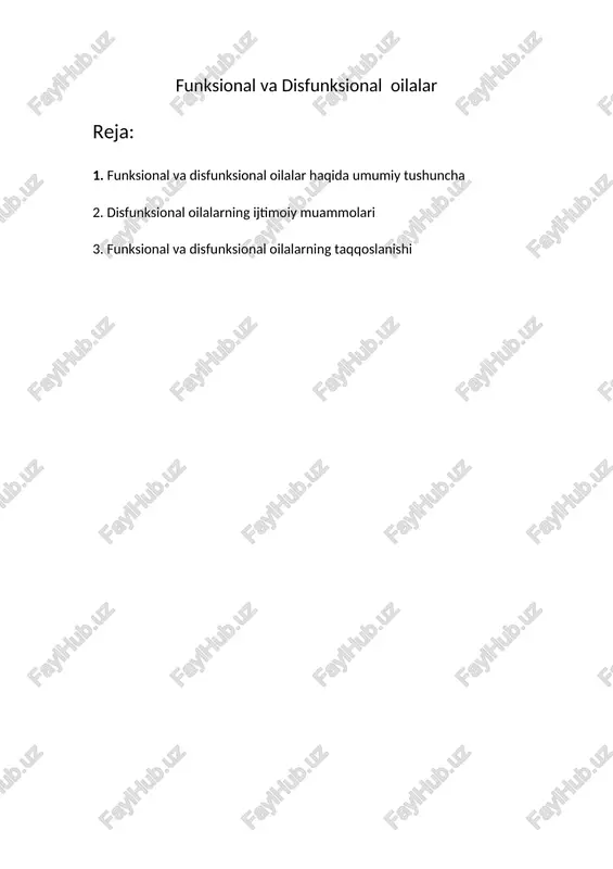 unksional oilalar quyidagi xususiyatlarga ega bo'lishi mumkin: 1. aloqa muammolari: oila a'zolari o'rtasida o'zaro tushunmovchiliklar, muloqot etishmaslik, va ehtiyojlarni ifodalashda qiyinchiliklar mavjud. bu oilaviy zo'ravonlikka yoki umumiy ishonchsizlikka olib kelishi mumkin. 2. emotsional neglect (ruhiy e'tiborsizlik): oiladagi a'zolar bir-biriga emotsional qo'llab-quvvatlash bermasliklari yoki bir-birining his-tuyg'ulariga e'tibor bermasliklari mumkin. bu uzoq muddatda psixologik muammolarni keltirib chiqarishi mumkin. 3. zozavonlik va zo'ravonlik: ba'zi disfunksional oilalarda fizikal yoki emotsional zo'ravonlik sodir bo'lishi mumkin. bu farzandlar yoki juftliklar o'rtasidagi huquqbuzarliklarni o'z ichiga oladi. 4. qaramliklar: ba'zi hollarda, oilaviy a'zolar bir-birlariga giyohvandlik, alkogolizm yoki boshqa qaramliklardan zarar ko'rishi mumkin. bu, oilaning umumiy ahvoliga salbiy ta'sir ko'rsatadi va sog'liq bilan bog'liq muammolarni keltirib chiqaradi. 5. ijtimoiy va iqtisodiy qiyinchiliklar: oila ichidagi disfunksiyalar ba'zan iqtisodiy yoki ijtimoiy stresslar bilan ham bog'liq bo'lishi mumkin. ijtimoiy va madaniy qiyinchiliklar oila a'zolarining bir-biriga yordam berish va qo'llab-quvvatlashga qodir emasligini anglatishi mumkin. disfunksional oilalar o'zaro ziddiyatlar, salbiy emotsiyalar va haddan tashqari …