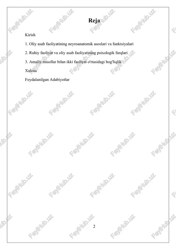 ni anglatadi, ya’ni insonning psixologik holati, his-tuyg‘ulari va psixik jarayonlariga taalluqlidir. bu ikki faoliyat turi o‘rtasidagi farq, funksional va strukturaviy jihatidan, ularning neyroanatomik joylashuvi va psixologik mexanizmlari bilan bog‘liq. hozirgi zamonda, psixologiya va nevrologiya sohalarida olib borilayotgan zamonaviy tadqiqotlar, bu ikki faoliyat o‘rtasidagi bog‘liqlikni va farqlarni yanada aniqlashga xizmat qilmoqda. ularning natijalari, inson psixikasi va neyrobiologik mexanizmlarini yaxshiroq tushunishga yordam beradi, bu esa psixologiya, nevrologiya va psixiatriya sohalarida yangi yondashuvlar va davolash usullarini ishlab chiqishda muhim ahamiyatga ega. mavzuning dolzarbligi shundaki, insonning ong va psixik jarayonlarining o‘zaro ta’siri va farqlari, shaxsiyat, xulq-atvor va ruhiy salomatlikni tushunishda asosiy elementlarni tashkil etadi. bu ilmiy ish, ayniqsa, inson psixikasi va neyrobiologik mexanizmlari haqida yangi nazariyalar va konseptlarni shakllantirishga qaratilgan bo‘lib, inson ongining murakkabligini va uning neyrobiologik asoslarini chuqurroq o‘rganishga xizmat qiladi. shu bilan birga, ushbu tadqiqot, oliy asab faoliyatining psixologik va neyroanatomik asoslarini o‘rganish orqali, insonning psixik jarayonlarining funksional va strukturaviy tomonlarini yanada …