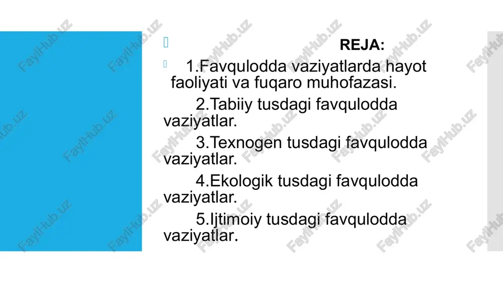 ik (tuproq, yer osti)ning holati o’zgarishi bilan bog’liq vaziyatlar 2.atmosfera (havo muhiti) tarkibi va xossalari o’zgarishi bilan bog’liq bo’lgan vaziyatlar 3. gidrosfera holatining o’zgarishi bilan bog’liq vaziyatlar iv. lokal, mahalliy, respublika va transchegarali favqulodda vaziyatlar. qor ko’chkisi deganda - to’satdan paydo bo’lib tik tog’ yonbag’ri bo’ylab pastga tomon tez yopirilib tushib insoniyat hayoti va sog’lig’iga xavf soladigan, iqtisodiyotga zarar etkazadigan qor va muz surilishi tushuniladi. yong’in-bu nazorat qilib bo’lmaydigan hodisa bo’lib, bebaho moddiy va madaniy boyliklarni bir daqiqada yo’qotuvchi ofat, ayniqsa u fuqarolarning joniga xavf soluvchi favqulodda vaziyatdir. avariya-halokat deb mahsulot tayyorlashda ishlatiladigan mashinalar, jihozlar, texnologik tizimdagi uskunalar majmuasidagi nosozlik, binolar, qurilmadagi nosozliklar, yong’inlar, portlash tufayli vujudga keladigan voqealarga aytiladi. falokat (katastrofa) - avariyadan farqli holda qamrovi kengroq va odamlar halok bo’lishiga olib keladigan voqeaga aytiladi. suv ko’payishi va suv toshqini- bu tabiiy ofat suv havzalarida suv miqdorining keskin ko’tarilishi tufayli sodir bo’ladi. sel bu- tog’ hududlarida kuchli yomg’irlarning yog’ishi, …