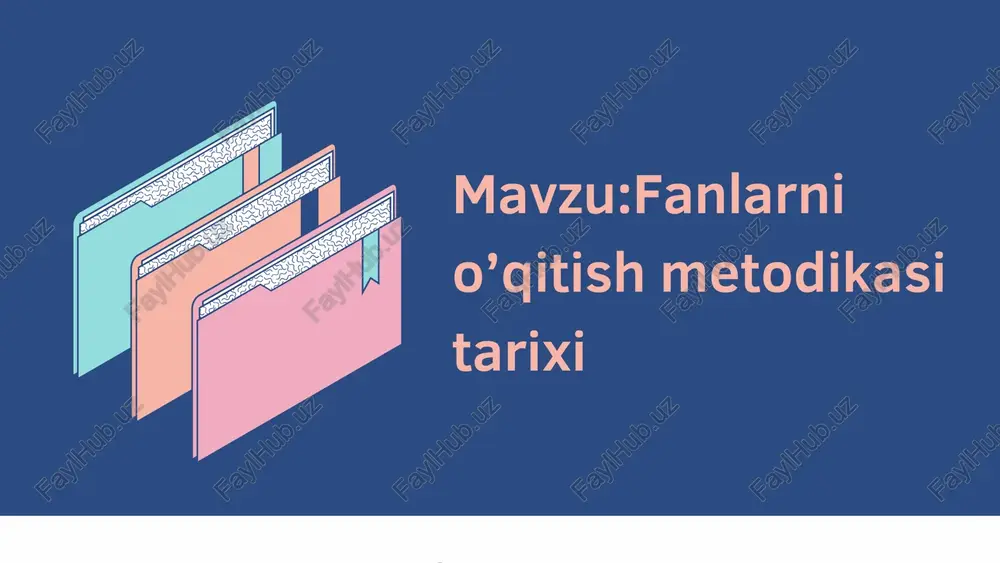 r, yozuv, sanash, axloqiy qadriyatlar o‘rgatilgan. o‘qitish ko‘proq yodlashga asoslangan, ijodkorlik cheklangan. sharqda esa madrasalarda mantiq, hisob, geografiya, tibbiyot kabi fanlar o‘qitilgan. yevropa uyg‘onish davri bu davrda inson tafakkuri, ilm va san’at yuksalgan. o‘qitishda kuzatish, tajriba, tahlil va mantiqiy fikrlash usullari paydo bo‘ldi. darsliklar va o‘quv qo‘llanmalar yaratilgan. didaktika (o‘qitish nazariyasi) alohida fan sifatida shakllandi. yan amos komenskiy va uning didaktikasi komenskiy (1592–1670) — zamonaviy pedagogika asoschisi. u “buyuk didaktika” asarida barcha fanlarni bosqichma-bosqich, osondan qiyinga o‘qitish g‘oyasini ilgari surgan. “o‘qitish tabiatga mos bo‘lishi kerak” degan tamoyilni kiritgan. komenskiy o‘qitishning 4 bosqichli tizimini (boshlang‘ich, o‘rta, akademik, oliy) taklif qilgan. sovet davrida metodika o‘qitish qat’iy standart va dasturlar asosida olib borilgan. ta’lim marksistik- nazariy yo‘nalishda bo‘lgan. ilmiylik, tizimlilik, aniqlik tamoyillari ustuvor edi. ammo ijodkorlik va milliy qadriyatlar cheklangan. iii-bo‘lim: zamonaviy davrda o‘qitish metodikasin ing rivoji mustaqillik davrida ta’lim islohotlari 1997-yilda “kadrlar tayyorlash milliy dasturi” qabul qilindi. ta’lim tizimi bosqichma-bosqich yangilandi. metodikada …