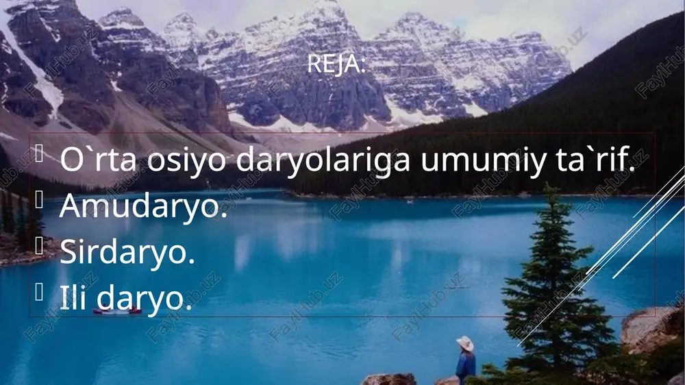 on tog' etaklarida ko'p. amudaryo o'rta osiyoning eng sersuv daryosi. o'rta osiyoning eng sersuv daryosi. uzunligi 2540 km suv to'plash havzasining maydoni 309 ming kv. km. orol dengiziga qadar (salkam 1500 km maso- fada) tekislikda amudaryo sirdaryo o'rta osiyodagi eng uzun daryo uzunligi 3019 km ga vaqin suv havzasi 219 ming kv. km. norin daryosi sirdaryoning bosh qismidir orol dengiziga borib quyiladi ili daryosi uzunligi 1384 km havzasining maydoni 154ming kv. km balxash ko'liga quyiladi asosan, qor va muzliklardan suv oladi kunges va xoliqtog'dan boshlanuvchi tekes daryolari qo'shilishidan hosil bo'ladi savol va topshiriqlar: 1.o'rta osiyo daryolari suv olish manbayiga qarab qanday turlarga bo'linadi? 2.daryolarning suvlari nimalarga sarf bo'ladi? 3.o'z joyingizdagi daryo haqida gapirib bering. diqqatingiz uchun tashakkur! image1.gif image2.gif image3.wmf image4.jpeg image5.gif image6.png image7.png image8.jpeg image9.jpeg image10.gif image11.jpeg image12.jpeg image13.png image14.jpeg image15.jpeg image16.jpeg image17.gif image18.gif /docprops/thumbnail.jpeg