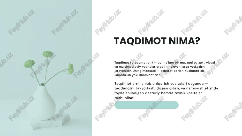 tomoshabinlar savol-javobda ishtirok etadi. virtual va qo‘shimcha haqiqat (vr/ar) orqali taqdimotlar — tibbiyot, muhandislikda keng qo‘llanilmoqda. mobil moslashuvchan dizayn — smartfon orqali taqdimotni ko‘rish imkoniyati. o‘qituvchilar powerpoint, google slides orqali mavzuni tushuntiradi. prezi orqali interaktiv darslar yaratiladi. audio va video materiallar yordamida o‘quvchilarning e’tiborini jalb etish mumkin. masalan: biologiya darsida animatsiyali taqdimot orqali hujayra tuzilmasini ko‘rsatish. matlab, latex beamer yoki prezi yordamida tajriba natijalari, ilmiy tadqiqotlar taqdim qilinadi. graf va diagrammalarni ko‘rsatish uchun excel yoki datawrapper ishlatiladi. masalan: muhandislik loyihasida qurilish modeli yoki algoritm ishlashini animatsiya orqali tushuntirish. 📚 ta'lim sohasi 💼 2. biznes va marketing ⚙️ 3. texnik va ilmiy soha matlab, latex beamer yoki prezi yordamida tajriba natijalari, ilmiy tadqiqotlar taqdim qilinadi. taqdimot vositalarining sohalar boʻyicha qoʻllanilishi 🎨 4. san’at va madaniyat adobe after effects, canva yoki figma orqali vizual ijodiy taqdimotlar, ko‘rgazmalar, loyihalar ishlab chiqiladi. masalan: ghibli uslubidagi dizayn taqdimoti — yumshoq ranglar, tabiat, hissiyot ifodasi bilan. …
