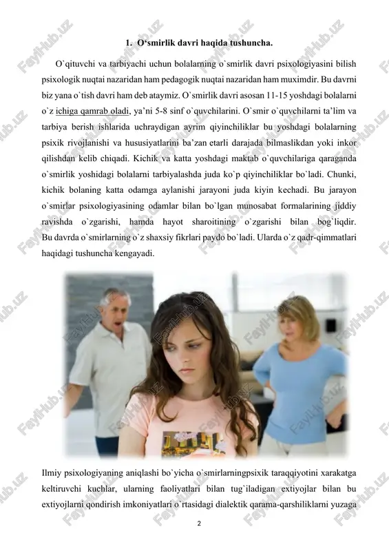 hi uning hayotida burilish davri hisoblanadi.o`smirlarning yangi ijtimoiy jixatdan tashkil topgan va rang-baranglantirilgan faoliyatni uning psixologik hamda shaxsning tarkib topishiga asos, sharoit va vosita xizmat qiladi. shunday qilib, o`smirlarga ta’lim-tarbiya berishning yangi to`g`ri usullari hamda vositalarni topishi uchun o`smirlik yoshining o`ziga xos hususiyatlarini jismoniy va psixologik taraqqiyotini yaxshi bilishimiz kerak. o`smirlik yoshining mazmuniy xarakteritsikasi vaqt o`tishi bilan o`zgarib boradi, chunki inson xayotining xususan ijtimoiy sharoitlari o`zgaradi. psixologiya taraqqiyotining biologik omillariga o`smirlar ongiga og`ir, ba’zan kuchi etmaydigan bo`lib tushadigan, ularni jiddiy psixik inqirozga va hayajonga soladigan, masalan: o`smirlar uchun xarakterli bo`lgan norozilik, qo`pollik, qaysarlik, o`z-o`zini analiz qilishga moyillik sub’ektiv olamga va shunga o`xshash hislatlarni keltiradigan jinsiy etilishga nixoyatda katta axamiyat beradilar. jinsiy etilish munosabati bilan paydo bo`ladigan yangi sezgilar fikrlar,maylliklar,kechinmalar guyo usmirlar ongida xukmron bo`ladi.ularning xulki atvorini belgilaydi.mana shu tarika oqibat natijada o`smirlarning psixologik qiyofalari asosan yolg`iz sof biologik omil deb qaraladi. psixologlarning fikricha yosh psixologik xususiyatlari faqatgina yolg`iz biologik jihatidan …