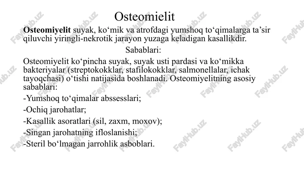 k va shifokor carl von linne 1746-yilda oʻzining „västgöta resa“ asarida bu holatni birinchi boʻlib „spina ventosa“ nomi bilan keltirib oʻtgan. kattalarda bu kasallik bir nechta suyak ishtirokida amalga oshsa, bolalarda esa bitta suyak ishtirokida amalga oshadi. tuberkulyoz daktilit bolalarda qoʻl va oyoqlarning qisqa quvurli suyaklariga taʼsir qiladi. koʻpincha oʻtkir osteomielitdan farqli oʻlaroq, isitma va oʻtkir yalligʻlanish hech qanday belgilarsiz oʻtishi mumkin. bir necha oydan 2-3 yilgacha boʻlgan vaqt oraligʻi, dastlabki infektsiyadan tashxis qoʻyishgacha boʻlishi mumkin. pediatrik yoshdagi bolalarning falangalari ilik qismi yahshi shakllanmaganligi hisobiga, sil tayoqchalari koʻpayishi uchun yahshi sharoit hisoblanadi. sekin-astalik bilan butun ilik boʻshligʻi ishtirok eta boshlaydi va bu asosiy granulematoz kasallik uning ustidagi yumshoq korteksning kengayishiga sabab boʻladi. nihoyat, suyakning kengayishi kuzatila boshlaydi, korteks yupqalashgan holatda boʻladi va ilik boʻshligʻi yoʻq boʻlib, sharga oʻxshash boʻlib qoladi. suyakning bu kist kengayishi spina ventoza deb ataladi. artrit. artrit - yallig‘lanish kasalliklari guruhi bo‘lib, unda asosiy simptom bo‘g‘imlarning yallig‘lanishi …