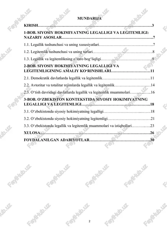 r bo‘lishini anglatadi. legitemlik nafaqat qonuniy asoslarga, balki ijtimoiy, madaniy va psixologik omillarga ham bog‘liqdir. ushbu ikki tushuncha o‘zaro chambarchas bog‘liq bo‘lib, ularning muvozanati davlatning barqarorligi, ijtimoiy birdamlik va siyosiy tizimning samaradorligini ta’minlaydi [footnoteref:1]. [1: weber, m. (1978). economy and society: an outline of interpretive sociology. university of california press.] kurs ishining dolzarbligi. zamonaviy dunyoda legallik va legitemlik masalalari global va mahalliy miqyosda dolzarb bo‘lib qolmoqda. demokratik davlatlarda legallik ko‘pincha shaffof saylovlar, konstitutsiyaviy asoslar va huquqiy normalar orqali ta’minlanadi. biroq, legitemlik fuqarolar ishtiroki, davlat siyosatining adolatli va shaffof bo‘lishi, shuningdek, xalqning davlatga bo‘lgan ishonch darajasiga bog‘liq. masalan, g‘arb demokratiyalarida legitemlik fuqarolar tomonidan davlat institutlariga bo‘lgan ishonch va ularning siyosiy jarayonlarda faol ishtiroki orqali mustahkamlanadi. avtoritar yoki totalitar tizimlarda esa legallik ko‘pincha rasmiy qonunlar va konstitutsiyalar bilan cheklanadi, lekin legitemlik sun’iy usullar, masalan, ommaviy propaganda, liderning shaxsiy karizmasi yoki ijtimoiy nazorat mexanizmlari orqali shakllantiriladi. o‘zbekiston kabi o‘tish davridagi davlatlarda esa legallik …