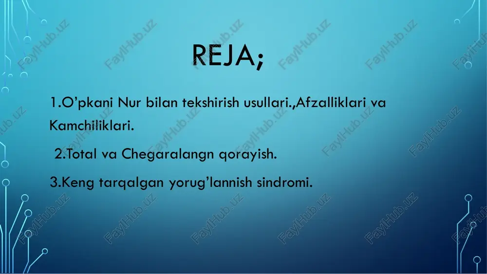 ‘pka kasalliklarini aniqlash uchun ishlatiladi. • sintigrafiyaning afzalliklari va kamchiliklari • ✅ afzalliklari: • ✔ o‘pka emboliyasini aniqlashda juda sezgir • ✔ kompyuter tomografiyasiga (kt) qaraganda kamroq radiatsiya beradi • ✔ o‘pka funksiyasini aniq baholash mumkin o’pka arteriyasi emboliyasi. 2.3 magnit-rezonans tomografiya (mrt) prinsipi: kuchli magnit maydon va radioto‘lqinlar yordamida tasvir hosil qiladi. afzalliklari: yumshoq to‘qimalarni aniq ko‘rsatadi. rentgen nurlari ishlatilmaydi, ya’ni zarar kamroq. kamchiliklari: o‘pkada havo mavjudligi tufayli mrt har doim ham samarali emas. ktga qaraganda uzoq davom etadi va qimmatroq. • 2.5 pozitron-emission tomografiya (pet-kt) • prinsipi: • radionuklid bilan belgilanadigan glyukoza o‘pka hujayralari tomonidan yutilishi orqali faoliyatini tekshiradi. • afzalliklari: • saraton diagnostikasida juda samarali. • saraton metastazlarini aniqlash uchun eng yaxshi usullardan biri. • kamchiliklari: • yuqori narx va maxsus laboratoriyalar talab etiladi. xulosa • rentgenografiya – birlamchi skrining usuli. • kt – ko‘proq diagnostika aniqligi uchun asosiy usul. • mrt – o‘pka patologiyalarining ayrim hollarda …
