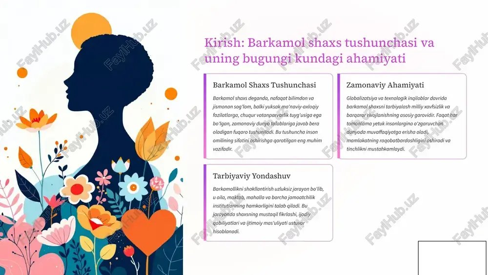 onning doimiy va izchil bo'lishi, ya'ni oiladan boshlab, ta'limning barcha bosqichlarida bir xil g'oya va tamoyillarga asoslanishi. milliy tarbiya shunchaki ma'lumot berish emas, balki shaxsning dunyoqarashi, xarakteri va hayotiy pozitsiyasini shakllantiradigan, uni jamiyat uchun foydali va mas'uliyatli fuqaroga aylantiradigan chuqur jarayondir. bu jarayon xalqimizning tarixiy tajribasi va boy ma'naviy merosiga tayanadi. 3 barkamollikning asosiy qirralari: ma'naviy va ahloqiy tarbiya ma'naviy negiz ma'naviy tarbiya shaxsning ichki dunyosini boyitish, uning ongi va tafakkurini rivojlantirishga qaratilgan. bu jarayon yoshlarga tarixiy qahramonlar va buyuk allomalar merosini o'rganish, ularning hayotiy prinsiplarini o'zlashtirish orqali o'zlikni anglashga yordam beradi. tarixiy va madaniy merosni o'rganish orqali milliy o'zlikni anglash. kitobxonlik madaniyatini shakllantirish va mustaqil fikrlash qobiliyatini rivojlantirish. hayotiy qadriyatlar tizimini mustahkamlash: vijdon, burch, mas'uliyat. axloqiy fazilatlar axloqiy tarbiya shaxsning jamiyatda tutgan o'rni va boshqalar bilan munosabatlarini belgilaydi. bu tarbiya shaxsni halollik, to'g'rilik, odoblilik va mehnatsevarlik kabi insoniy fazilatlar ruhida kamol toptirishga xizmat qiladi. hurmat va odob – barkamol …