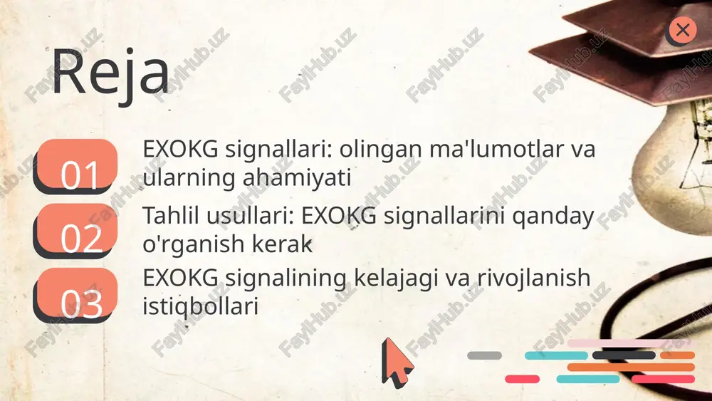 hdagi roli bilan bog‘liq. masalan, exokg yordamida yurakning elektr faoliyatidagi o'zgarishlar tahlil qilinadi, bu esa yurakning sog‘lom va sog‘lom emasligini aniqlash uchun zarurdir. bunday tahlillar, yurak xurujlari yoki boshqa yurak muammolarini oldini olishda muhim ahamiyatga ega. misol sifatida, bir bemorning exoekg natijalari ko‘rsatganidek, uning yurak urishlari orasida aniq bir og'irlik mavjud bo'lib, bu yurak aritmiyasini ko'rsatadi. ushbu holat bemorni davolash jarayonida muhim ma'lumotlar taqdim etadi va to'g'ri davolash strategiyasini tanlashda yordam beradi. exokg signallari tahlili exokg, yurak faoliyatini o'lchash uchun qo'llaniladigan muhim usuldir. ushbu usul yordamida yurakning elektr faoliyati haqida ma'lumotlar to'planadi va tahlil qilinadi. exokg signallarini tahlil qilishda bir nechta asosiy usullar mavjud: - **spektral tahlil**: bu usul signallarni chastotali komponentlarga ajratadi va yurak faoliyatining turli aspektlarini o'rganishga imkon beradi. - **vaqt-domen tahlili**: bu usul signallarni vaqt bo'yicha o'rganadi va yurak ritmi hamda urishlarining davomiyligini aniqlashda foydalidir. - **taqqoslash tahlili**: boshqa exoekg signallari bilan taqqoslash orqali yurak faoliyatidagi ozgarishlarni …