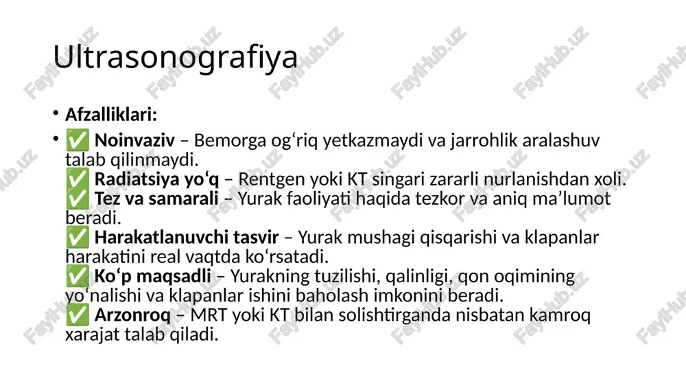 sus zond kiritilishi kerak bo‘ladi, bu esa noqulaylik tug‘dirishi mumkin. yurakda metalik yot jismlar bilan bemorlarda sonografiya o’tkazilishi qiyinlashadi va bu holat «yomon transtorakal oyna» deb ataladi. bundan tashqari sonografiya sub’yektiv usul hisoblanadi. rentgenografiya va rentgenoskopiya asosan qisqartirilgan (faqat tog’ri proyeksiyada) variantda, maxsus markazlarda to’liq hajmda (4 proyeksiyada) o’tkaziladi. 1. yurak kamera va qon tomirlar tog’risida nisbiy anatomik ma’lumot (yoylarni baxolab, kamera to’liq ko’rinmaydi) 2. kalsinatlar (klapan, perikard, tromb, anevrizma, qon-tomirlar, o’smalar) 3. funksional ma’lumot (yurak qisqarishi) yurak va qon tomirlar ko’ks oraligi soyasini tashkil qiladilar va ularning anatomiyasini bilish ko’krak qafasi rentgenogrammasini taxlil kilish uchun muhim. yurak rentgen-anatomiyasi bo’yicha normal ko’rsatkichlar. umurtqa pog’onasidan o’rta chiziq o’tkazilganda yurakning 1/3 kismi o’ngda, 2/3 kismi chapda joylashadi. yurakning o’ng chegarasi – umurtqa pog’onasi chetidan 2 sm chiqib turadi. yurakning chap chegarasi – medioclavicularis chizig’iga 1.5- 2.0 sm yotmaydi. aorta ravog’i o’mrov suyagiga 1.5-2.0 sm yotmaydi. tog’ri proyeksiyada chapdan o’pka arteriyasi va chap …