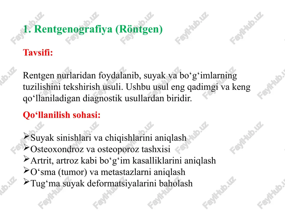 ar shikastlanishlarini aniqlash neyrojarrohlik va ortopedik jarrohlik oldidan tayyorgarlik afzalliklari: ionlashtiruvchi nurlar ishlatilmaydi (zararsiz) yumshoq to‘qimalarni aniq ko‘rsatadi kamchiliklari: bahosi yuqori yurak stimulyatori (kardiostimulyator) bor bemorlarga qo‘llanilmaydi uzoq davom etadi (30-60 daqiqa) 4. ultratovush tekshiruvi (utt, uzi - ultrasonography) tavsifi: tovush to‘lqinlari yordamida tasvir olish usuli bo‘lib, tayanch-harakat tizimidagi yallig‘lanish va suyuqlik to‘planishini aniqlashda samarali. qo‘llanilish sohasi: bo‘g‘im ichi suyuqlik miqdorini baholash mushaklar va paylarning shikastlanishlarini tekshirish revmatik kasalliklarni aniqlash afzalliklari: zararsiz va tez bajariladi homilador ayollarga ham mumkin kamchiliklari: suyaklarning holatini to‘liq baholay olmaydi operatorga bog‘liq (mutaxassis tajribasi muhim) 5. sintigrafiya (radionuklid tashxis) tavsifi: radiologik izotoplar (radioaktiv moddalar) bemor organizmiga yuboriladi va suyaklarning metabolik faolligi kuzatiladi. qo‘llanilish sohasi: suyak saratoni va metastazlarni aniqlash osteomiyelit (suyak infeksiyasi) osteoporoz tashxisi afzalliklari: juda sezgir, hatto kichik patologiyalarni ham aniqlaydi kamchiliklari: radioaktiv moddalardan foydalaniladi maxsus uskunalar talab etiladi xulosa tayanch-harakat tizimi kasalliklarini tashxislashda nur tashxislash usullari turlicha afzalliklarga ega. oddiy rentgen – sinishlar …