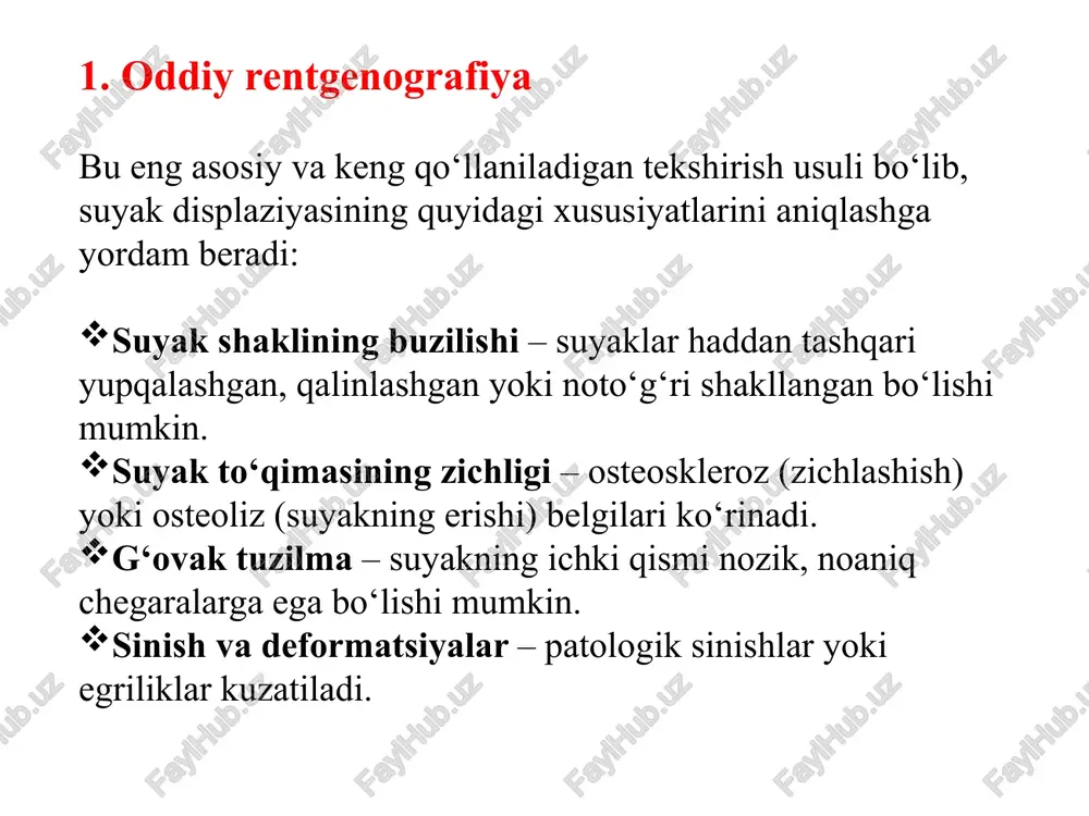 shoq to‘qimalarni o‘rganish – qon tomirlari va suyak atrofidagi to‘qimalarning ahvolini ko‘rsatadi. fibroz displaziya – suyaklarning bir xil bo‘lmagan joylarini aniqlashga yordam beradi. bo‘g‘imlarga ta’siri – agar displaziya bo‘g‘imlarga ta’sir qilsa, bu usul muhim ahamiyatga ega. afzalliklari: radiatsiyasiz tekshiruv usuli. yumshoq to‘qimalarni yaxshi ko‘rsatadi. kamchiliklari: ko‘p vaqt talab etadi (30-60 daqiqa). qimmat va hamma joyda mavjud emas. 4. densitometriya bu usul suyak zichligini aniqlash uchun ishlatiladi va ko‘pincha osteoporoz bilan bog‘liq patologiyalarni tekshirishda qo‘llanadi. qo‘llanilishi: osteoporoz va suyak zaifligini aniqlash – suyak minerallarining zichligini baholaydi. displaziyaning zo‘rayish darajasini baholash – vaqt o‘tishi bilan suyak qanday o‘zgarayotganini kuzatish mumkin. afzalliklari: oddiy va og‘riqsiz tekshirish. suyakning umumiy holatini baholashda muhim. kamchiliklari: faqat zichlikni aniqlaydi, boshqa patologiyalar haqida to‘liq ma’lumot bermaydi. 5. angiografik rentgen tekshiruvi ushbu usul qon tomirlarining suyak to‘qimasidagi holatini tekshirish uchun qo‘llanadi. qo‘llanilishi: qon aylanishi buzilgan suyaklarni tekshirish – masalan, avaskulyar nekroz yoki suyakdagi shishlar. fibroz displaziya va suyak ichidagi …