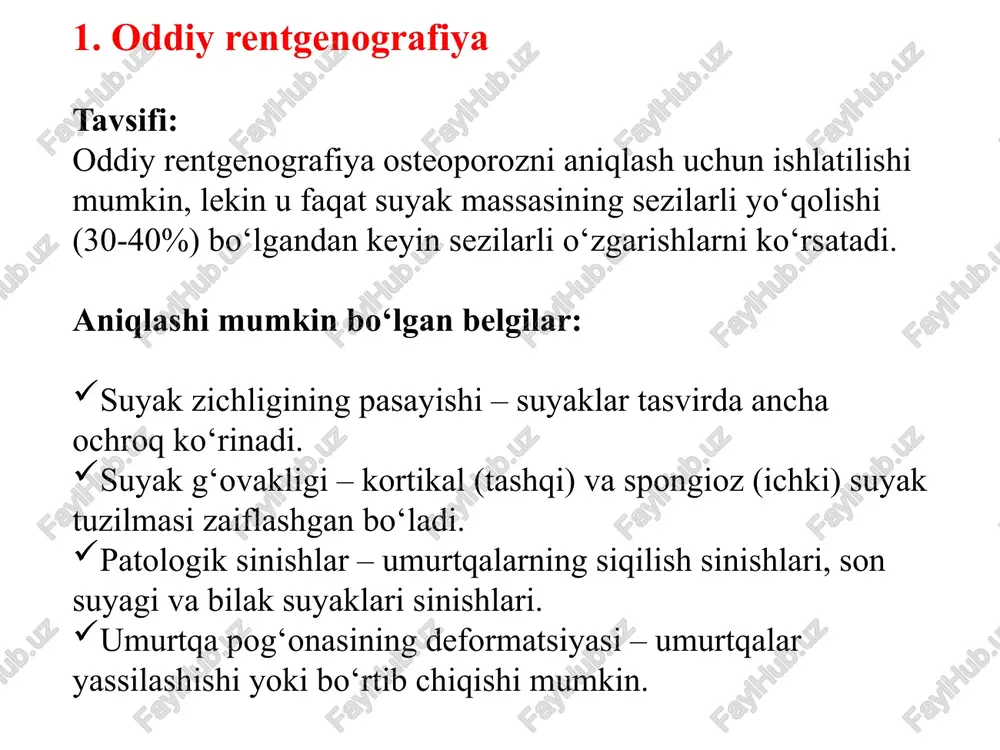 → osteoporoz. t ≤ -2.5 va patologik sinishlar mavjudligi → og‘ir osteoporoz. 3. kvant kompyuter tomografiya (qct) tavsifi: qct – kompyuter tomografiyasi yordamida suyak minerallari zichligini o‘lchash usuli bo‘lib, dexa bilan solishtirganda aniqroq hisoblanadi. qo‘llanilishi: asosan, umurtqa pog‘onasidagi suyak zichligini o‘lchash. dexa natijalarini aniqlashtirish uchun qo‘shimcha tekshiruv sifatida ishlatiladi. afzalliklari: suyak zichligining aniq uch o‘lchamli tasvirini taqdim etadi. trabekulyar (ichki) va kortikal (tashqi) suyak zichligini alohida baholash imkonini beradi. kamchiliklari: radiatsiya dozasining yuqoriligi. qimmat va hamma joyda mavjud emas. 4. ultrasonik densitometriya (qus – quantitative ultrasound) tavsifi: bu usul ultratovush to‘lqinlari orqali suyak zichligini baholaydi. asosan, tovon suyagi, bilak yoki boldir suyagida o‘tkaziladi. qo‘llanilishi: tez va harakatchan tekshiruv usuli sifatida ishlatiladi. dexa o‘tkaza olmaydigan joylarda muqobil usul sifatida qo‘llanadi. afzalliklari: radiatsiyasiz usul. tez va og‘riqsiz. portativ uskunalar orqali istalgan joyda bajarish mumkin. kamchiliklari: suyak zichligini aniqlash dexa kabi aniq emas. diagnostika uchun emas, balki dastlabki saralash uchun ishlatiladi. 5. radiologik …