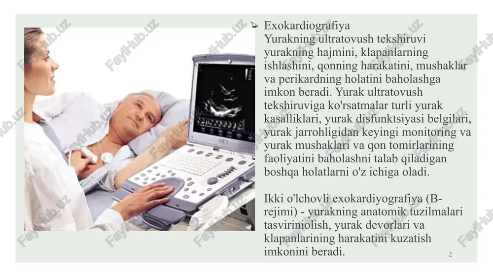 va tabiatini o'lchash cdc rejimi - rangli doppler xaritasi. qizil yoki ko'k tonlarda oqimni bo'yashshaklida qon oqimining yo'nalishi va tezligi haqida ma'lumot olish. shunday qilib, agar tomirdagi qon datchik tomon harakatlansa, u turli xil qizilranglarda, datchikdan - ko'k rangda bo'yalgan. ‹#› transesofagial ekokardiyografiya (tee) - bu sizning yuragingizning rasmlarini ishlab chiqaradigan test. tee yuqori chastotali tovush to'lqinlaridan foydalanadi (ultratovush) yuragingiz va unga olib boradigan arteriyalarning batafsil rasmlarini yaratish. standart ekokardiyogramdan farqli o'laroq, tee uchun tovush to'lqinlarini ishlab chiqaradigan echo transduser og'iz orqali, tomoqqa va qizilo'ngachga o'tadigan ingichka naychaga biriktirilgan. ‹#› ‹#› kompyuter tomografiya. sonografiya bergan ma’lumotni beradi lekin aniqroq, ayniqsa buyrak atrof to’qimalar haqida (ichaklar, umurtqa, m.iliopsoas, limfa tug’unlar, qon-tomirlar, buyrak usti bezi va x.k.). asosan buyrak va retroperitoneal o’smalarda qo’llaniladi, ularning bosqichini aniqlash uchun. spiral kompyuter tomograflar siydik nayi toshlarini kontrastsiz tashxislashda qo’llanadi va eng yaxshi usul hisoblanadi. ko'rsatmalar - yurak ishemiyasi - aorta va periferik arteriyalarning kasalliklari - …