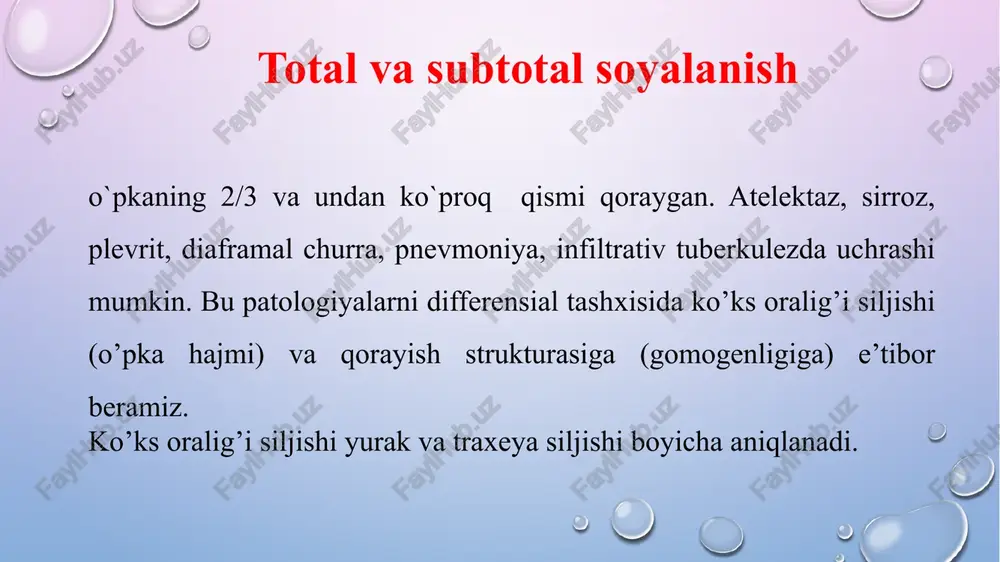 hdagi patologiyalarda uchraydi. hajmi kichikroq bo’lgani uchun bu qorayishlar «kuchi» ko’ks oraliqni siljitish uchun yetmasligi mumkin. kasalliklarni differensial tashxisida e’tibor beriladi patologiya o’pka ichida yoki tashqarida joylashgan bo`lak (segment) hajmi kichraygan/kichraymagan qorayish gomogenligiga. joylashishi bo`lak yoki segmentga to`gri kelsa (buni aniqlash uchun 2 proeksiyada tasvir olinishi lozim) bu pnevmoniya, infiltrativ sil, atelektaz yoki sirroz to`g`ri keladi. pnevmoniya va infiltrativ sil - tomografiyada bronxlar yorig’i qorayish fonida ko’rinadi, strukturasi gomogen/nogomogen bo’lishi mumkin, bo’lak/segment o’lchami normal bo’ladi. pnevmoniya va sil farqi klinik va laborator ko’rsatkichlar bo’yicha. chegaralangan soyalanish. atelektaz – tomografiyada bronxlar yorig’i ko’rinmaydi, bo’lak/segment o’lchami kichiklashishi belgilari, qorayish chetlari ichiga botgan, strukturasi gomogen bo’ladi. sirroz – atelektazga o’xshash belgilari – hajm kichrayishi, farqi - tomografiyada bronxlar yorig’i ko’rinadi, strukturasi nogomogen bo`ladi. o`pkadan tashqari joylashgan patologiya ekssudativ plevrit, plevra qalinlashishi va diafragmal churra. ularning ko`rinishi va tekshirish taktikasi total va subtotal qorayishlarda ko`rsatilgan. ko`krak qafasi to`g`ri proyeksiyadagi tasvirlari (a-o`ng o`pka chegaralangan soyalanish …