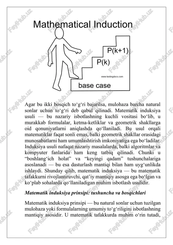 rda muhim o‘rin tutadi, chunki bu usul orqali cheksiz sonli holatlar faqat ikki bosqich yordamida isbotlanadi. matematik induksiya usuli quyidagi uch asosiy bosqichdan iborat: 1. asosiy hol (bazis): avvalo, berilgan mulohaza eng kichik qiymat — odatda n=1n = 1n=1 (ba’zan n=0) uchun to‘g‘riligini ko‘rsatish kerak. bu bosqichda isbotning poydevori qo‘yiladi. 2. induksiya taxmini (farazi): faraz qilamizki, mulohaza n=kn = kn=k uchun to‘g‘ri. bu qadamda hali hech narsa isbotlanmaydi — bu shunchaki taxmin (induksiya farazi) sifatida qabul qilinadi. 3. induksiya bosqichi (qadami): keyin isbotlanadi: agar mulohaza n=k uchun to‘g‘ri bo‘lsa, u holda n=k+1 uchun ham to‘g‘ri bo‘ladi. agar bu isbot muvaffaqiyatli chiqsa, unda mulohaza barcha nnn uchun to‘g‘ri deb qabul qilinadi. bu uch bosqichning mantiqiy zanjiri matematik induksiya prinsipining asosini tashkil etadi. natijada, biror formulani barcha natural sonlar uchun isbotlash zarur bo‘lganda, induksiya eng qulay va mantiqan ishonchli usul hisoblanadi. masalan, quyidagi ifoda: matematik induksiya yordamida isbotlanadi. bu usul orqali biz …