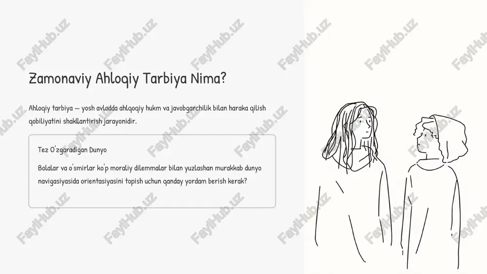 y moraliy tushunchalar talab: shaxsiy o'sish va ijtimoiy mas'uliyat o'rtasida muvozanat zarur. 6 aristotel dan raqamli etikaaga tarixiy axloqiy tamoyillardan zamonaviy raqamli asrning murakkab moraliy masalalariga o'tish. 7 amaliy misollar: muvaffaqiyat va muammolar muvaffaqiyatlar maktablarda sport va guruh loyihalar orqali moraliy kompetentlik rivojlantirish dasturlarining amalga oshirilishi. qiyinchiliklarning ildizi shalg'om tushuncha, formalizm va chuqurligi sezilmaydigan shaxsiy qoliplashtirilganligining yetishmovchiligi. aile roli ota-ona tarbiyasi va so'z, fikr hamda amal o'rtasidagi birlikka esa alohida ahamiyat berilishi kerak. 8 kelajakdagi rivojlanish istiqbollari falsafiy asoslar etika falsafasini zamonaviy ta'lim texnologiyalari bilan integratsiya qilish. pedagoglarning tayyorligi o'qituvchilarni qadriyatlarning toshinligi va akhlqoiy namunasidir sifatida tayorlash. kritik fikrlash moraliy tanlov qobiliyati va shaxsiy mas'uliyat shu'uurini rivojlantirishga alohida ta'kidlash. 9 xulosa: ahloq — barqaror jamiyatning kaliti zamonaviy ahloqiy tarbiya — murakkab, lekin zarur jarayon. uning muvaffaqiyyati oila, maktab va jamiyatning birgalikdagi sa'y-harakatiga bog'liq. asosiy maqsad moraliy va mas'ul fuqarolarini tarbiyalash. buyuk tujuwvur kelajak dunyoning adolati va barqararligi. 10 image1.png image2.png …