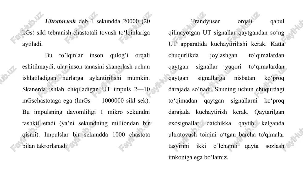 ut to’lqinining tarqalishi. to'lqinning tarqalishi ultratovushning turli to‘qimalarda tarqalishi va uzatilishida namoyon bo'ladi. to‘qimalaming ut to'lqinini tarqatish xususiyati tasvir paydo bo'lishida muhim ahamiyatga ega. to‘qimaning ut to'lqinlari tarqatish xususiyati shu a’zoda ut diagnostikasi zaruratini yoki chegaralanishini belgilab beradi. utt lar yumshoq to‘qimalarda bo'ylama to'lqinlar kabi tarqaladi. molekulalar tebranadi va energiyani keyingi molekulaga o'tkazadi, ana shu tarzda ut energiyasi tana bo‘ylab tarqaladi. yumshoq to‘qimalarda ut ning tarqalish o‘rtacha tezligi 15—40 sekundni tashkil etadi to'lqin uzunligi. ultratovush to'lqin uzunligi nurlanish chastotasiga teskari proporsionaldir. nurlanish chastotasi qancha baland bo‘lsa, to'lqin uzunligi shuncha qisqaradi. misol uchun 3 mgs chastotali ut yumshoq to‘qimalarda 0,5 mm uzunlikka ega, ayni paytda 6 mgs chastotali ut 0,25 mm uzunlikka ega. to'lqin qancha kalta bo'lsa, aniq tasvirga ega bo'lish imkoniyati shuncha balanddir. lekin to'lqin uzunligi ut to'lqinining chuqurlikka kirib borishiga ta’siri bor. to'lqin uzunligi https://images.app.goo.gl/v14kwiqia35ti7gb8 fokusirovka (tasvirni sozlash). fokusirovka linza, oynalar bilan yoki ko'p elementli datchiklarda elektron yo‘1 orqali …