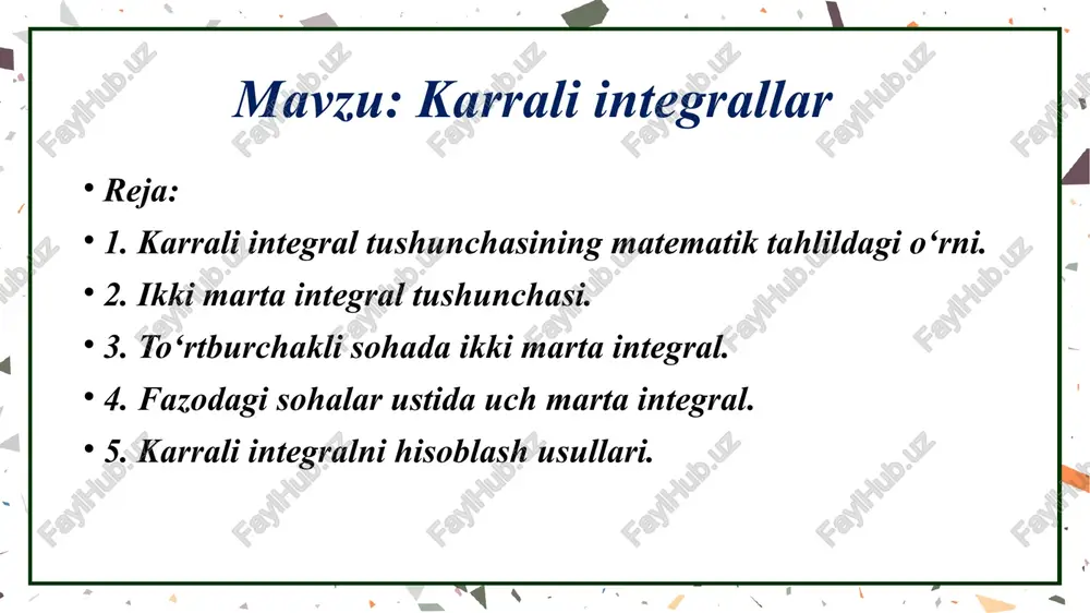 muayyan sohada yig‘indilab, sohaning maydoni yoki sirt ostidagi hajmni topish imkonini beradi. faraz qilaylik, f(x,y) funksiya d deb ataluvchi sohada aniqlangan va uzluksiz bo‘lsin. bu holda, f(x,y) funksiyaning ikki marta integrali quyidagicha belgilanadi: bu ifoda f(x,y) funksiyaning d soha ustidagi yig‘indi qiymatini bildiradi. agar f(x,y)≥0 bo‘lsa, bu integral funksiyaning grafiki bilan oxy tekisligi orasidagi hajmni ifodalaydi. ikki marta integralni hisoblash jarayoni odatda ikki bosqichda amalga oshiriladi: avval bir o‘zgaruvchili integralni x yoki y bo‘yicha hisoblash; so‘ngra hosil bo‘lgan ifodani ikkinchi o‘zgaruvchi bo‘yicha integrallash. bu usul ketma-ket integrallash deb ataladi va quyidagi ko‘rinishda yoziladi: agar d to‘rtburchak shaklida bo‘lmasa, ya’ni soha chegaralari egri chiziqlar bilan aniqlangan bo‘lsa, integralni o‘zgaruvchi chegaralar yordamida ifodalash mumkin. ikki marta integralning geometrik ma’nosi shundaki, u f(x,y) funksiyaning grafiki ostidagi sirt bilan oxy tekisligi orasidagi hajmni topadi. shu sababli, u geometriya, fizika, muhandislik va iqtisodiyotda maydon, massa, zichlik, issiqlik miqdori, energiya va boshqa ko‘plab kattaliklarni aniqlashda keng …