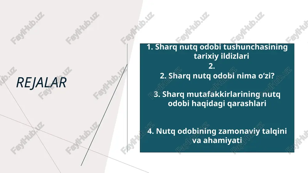 biyaviy vosita bo‘lib xizmat qiladi. alisher navoiy “mahbub ul-qulub”da shunday degan edi: > “so‘zning yuki bo‘lsa, so‘zlovchi yuksakdir.” sharq nutq odobi – bu asrlar sinovidan o‘tgan ma’naviy xazina, inson so‘zining qadri va mas’uliyatini anglash madaniyatidir.bugungi kunda nutq madaniyatiga e’tibor berish, sharqona odobni saqlab qolish – o‘qituvchining ma’naviy burchi, yosh avlodga esa namunadir. har bir pedagog o‘z nutqida poklik, samimiyat va hurmatni namoyon etsa, bu darsni haqiqiy ma’naviyat maktabiga aylantiradi. bu g‘oya sharq tafakkurida so‘zning moddiy emas, balki ma’naviy kuch ekanini bildiradi.sharq mutafakkirlari — al-farobiy, yusuf xos hojib, ahmad yassaviy, sa’diy sheroziy, alisher navoiy va jaloliddin rumiy — nutq odobini inson kamolotining markaziga qo‘yganlar. ularning fikricha, so‘zning qadri uni ishlatgan kishining odobida, niyatida va maqsadida namoyon bo‘ladi. 1. sharq nutq odobining kelib chiqishi va tarixiy ildizlari sharq nutq odobi qadimiy yozma manbalardan boshlangan. “avesto”da “so‘zda rostlik, fikrda poklik, amalda ezgulik” tamoyili ilgari surilgan. qur’oni karimda esa so‘zning ilohiy qudrati haqida shunday …