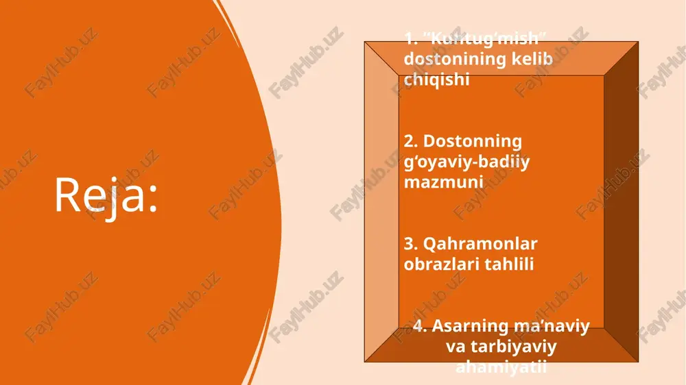 , ya’ni jasorat, halollik, nur va ezgulik timsoli ekanligini anglatadi. doston ilk bor ilmiy muomalaga xx asr boshlarida kirgan. uni to‘plagan va nashrga tayyorlagan olimlardan biri — hodi zarifov, keyinchalik m. afzalov va b. sarimsoqov uni adabiyotshunoslik nuqtai nazaridan tahlil qilgan. ularning fikricha, “kuntug‘mish” dostonining ildizlari xvi–xvii asrlar turkiy xalq og‘zaki ijodiga borib taqaladi. 2. dostonning g‘oyaviy-badiiy mazmuni “kuntug‘mish” dostoni o‘z g‘oyaviy mazmuni bilan mardlik, sadoqat, muhabbat va ezgulikning yovuzlik ustidan g‘alabasi g‘oyalarini ifodalaydi. asar boshidan oxirigacha qahramonning ruhiy kamoloti, sadoqat yo‘lida o‘tgan sinovlari va xalq orzularining timsoli sifatida o‘sishi tasvirlanadi. dostonning markazida kuntug‘mishning oybarchinga bo‘lgan muhabbati yotadi. bu muhabbat shunchaki shaxsiy tuyg‘u emas, balki axloqiy-ruhiy poklik va sadoqat timsoli sifatida berilgan. asardan parcha: > “ko‘rdim men o‘sha oydek qizni, dunyom yorishdi, yurak titradi, yo‘l uzun, ammo orzular nurli, sevgi uchun har tog‘ni bosib o‘tdim.” bu misralarda kuntug‘mishning sevgisi, ishonchi va bardoshi timsol topgan. u sevgan yoriga yetishish uchun har …