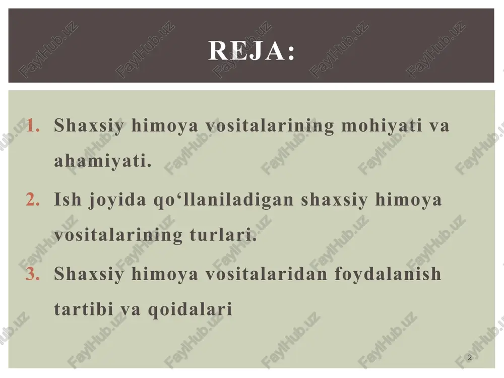 di va ish jarayonida charchash yoki jarohat olish xavfi kamayadi. bu esa ish jarayonining samaradorligini oshirishga yordam beradi. shaxsiy himoya vositalari — bu nafaqat xodimning shaxsiy xavfsizligi, balki ishlab chiqarishning xavfsiz va barqaror ishlashini ta’minlovchi muhim vositadir. har bir ish beruvchi shhvni ta’minlash va xodimlarga uning ishlatilishini o‘rgatish orqali mehnat muhofazasini kuchaytiradi va favqulodda holatlar xavfini kamaytiradi. 5 ish joyida qo‘llaniladigan shaxsiy himoya vositalarining turlari. ish joyida xavfsizlikni ta’minlash uchun turli xil shaxsiy himoya vositalari ishlatiladi. ularning har biri xodimni ma’lum bir xavfdan himoya qilishga mo‘ljallangan. boshni himoya qilish vositalari : kaska yoki dubulg‘a boshni to‘qnashuv, tushgan buyum, zarba va boshqa jismoniy ta’sirlardan himoya qiladi. bu vositalar sanoat, qurilish va kimyo korxonalarida ishlashda eng muhim hisoblanadi. ular bosh suyagining jarohat olish xavfini kamaytiradi va ish jarayonida yuzaga kelishi mumkin bo‘lgan favqulodda holatlarda xodimning hayotini saqlashga xizmat qiladi. kaskalar qurilish, sanoat, transport va kimyo korxonalarida keng qo‘llaniladi. masalan, sanoat kaskalari og‘ir …