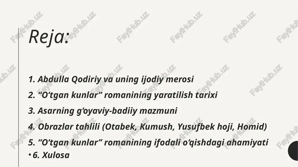 mlakasi ostida bo‘lgan, xalq ijtimoiy-siyosiy jihatdan inqiroz holatiga kelgan edi. qodiriy roman orqali xalqni uyg‘otish, uni jaholat va bo‘ysunishdan xalos etish niyatida bo‘lgan. “o‘tgan kunlar” nafaqat sevgi romani, balki milliy o‘zlik, yangilik va eskilik kurashining badiiy ifodasidir.yozuvchi asarda otabek timsolida millatning yangi avlodini, kumush obrazida esa o‘zbek ayolining iffat va sadoqatini ulug‘laydi. shuningdek, yusufbek hoji va homid obrazlari orqali jamiyatdagi qadriyatlar to‘qnashuvi, insoniy fazilatlar va ma’naviy zaifliklar tahlil etiladi. 3. asarning g‘oyaviy-badiiy mazmuni asarning g‘oyasi — millatni o‘z o‘tgan kunlaridan saboq olishga, yangicha fikrlash va ma’rifat sari chorlashdir. qodiriy “o‘tgan kunlar” orqali inson qalbining murakkab kechinmalarini, muhabbat va sadoqat, adolat va xiyonat, ezgulik va yovuzlik o‘rtasidagi ziddiyatlarni badiiy mahorat bilan tasvirlaydi. asar g‘oyaviy jihatdan ikki yo‘nalishda rivojlanadi: 1. shaxsiy hayot g‘oyasi – otabek va kumush o‘rtasidagi sadoqatli muhabbat. 2. ijtimoiy hayot g‘oyasi – jamiyatdagi eskilik, urf-odatlar, adolatsizlik va yangilikka intilish o‘rtasidagi ziddiyat. qodiriy o‘z asarida o‘zbek xalqining ruhiyatini, ijtimoiy hayotini, …
