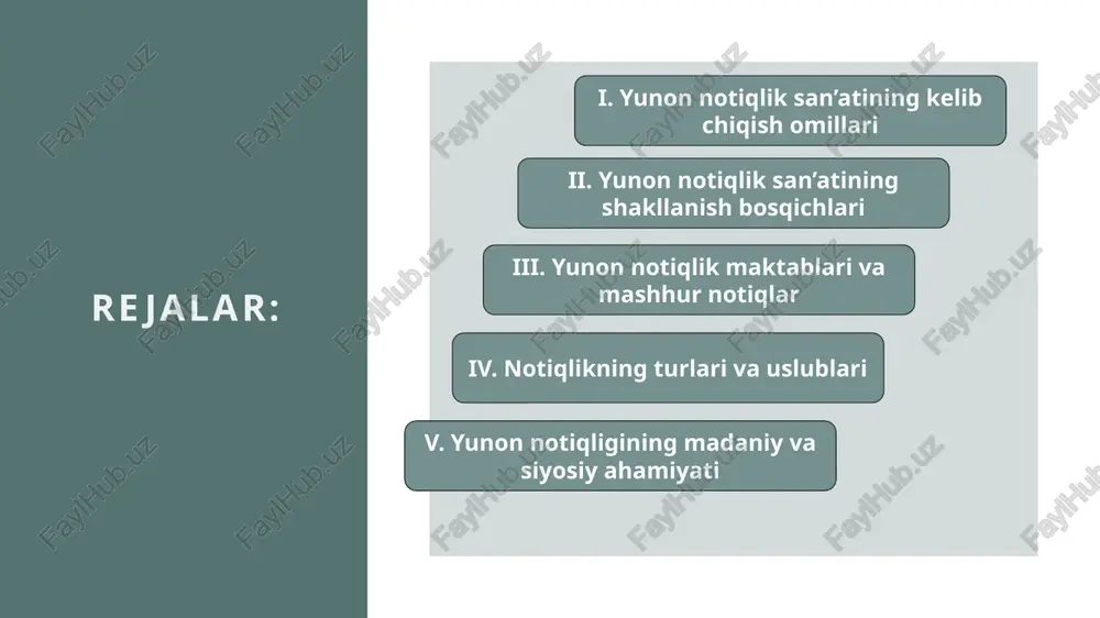 do bo‘lishi bilan, sudda o‘z huquqini himoya qiluvchi fuqarolarga yordam beruvchi mutaxassislar — notiqlar shakllana boshladi. bu davrda koraks (corax) va uning shogirdi tisiy (tisias) ilk nazariy asoslarni yaratdilar. ular nutqning kirish (prooimion), asosiy qism (diegesis), dalillar (pistis) va xulosa (epilogos) qismlarini ajratganlar. aynan shu tuzilma keyinchalik klassik notiqlikda ham saqlanib qoldi.koraks o‘z asarlarida “kichik sababni katta qilib ko‘rsatish”, “ko‘rsatmalilik” va “mantiqiy tahlil” usullarini ishlab chiqqan. ularning qarashlari afina notiqligi uchun metodik poydevor bo‘ldi. yunon notiqlik san’atining shakllanish bosqichlari 1. sofistlar davri (mil.avv. v asr) sofistlarning roli notiqlik san’atining ilmiy shakllanishi sofislar (yunoncha sophistes – “donishmand”) faoliyati bilan chambarchas bog‘liq. ular notiqlikni o‘rgatadigan birinchi professional o‘qituvchilar bo‘lishgan. sofistlar yoshlarni davlat xizmatiga, siyosiy hayotga tayyorlashgan. ularning eng mashhurlari: protagor, gorgiy, prodik, hippiy, antifont. ular notiqlikni ishontirish san’ati sifatida ta’riflab, nutqning estetik va psixologik ta’siriga katta e’tibor berishgan. protagor protagor (480–410 mill.avv.) protagor “inson barcha narsaning o‘lchovidir” degan g‘oyasi bilan mashhur. u …