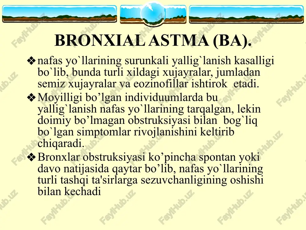 g shishi, shilliq tiqin, silliq mushaklar giperplaziyasi, bazal membrana qalinlashishi va dezorganizasiyasi aniqlanadi. bronxial astmada endobronxial biopsiyada bronx epiteliysining ko’chishi, shilliq qavat eozinofil infiltrasiyasi ko`riladi. bronxlar yuvindi suvida ko`p miqdorda epitelial, semiz xujayralar, eozinofillar va limfositlar topiladi. klinika shikoyatlar va anamnez ekspirator xansirash va/yoki yo`tal xurujlari masofadan xushtaksimon xirillashlar eshitilishi ko`krak qafasida og`irlik xissi ob’ektiv ekspirator xansirash burun kataklarini nafas olganda kengayishi quzg`alish nafas aktida qo`shimcha mushaklar ishtiroki majburiy xolat perkussiyada: emfizema shakllanganda qutisimon perkutor tovush auskultasiyada: qurug` xushtaksimon va g`o`ngillovchi xirillashlar xamda nafas chiqarish fazasining uzayishi ba diagnostikasi va og`irlik darajasini aniqlash qaytalanuvchi xirillashlar epizodlari kechasi va erta tongda iztirobli yo`tal va xirillashlar jismoniy zo`riqishdan so`ng yo`tal va xirillashlar allergen yoki pollyutantlar bilan kontaktdan keyin yo`tal, xirillashlar yoki ko`krak qafasida og`irlik his qilish tumov, keyinchalik «ko`krakka tushadi» yoki 10 kundan ortiq davom etadi astmaga qarshi dorilar qabul qiladimi agar qabul qilsa, qancha vaqt oralig`ida mkoniyat bo`lsa nafas faoliyatini spirometriya …