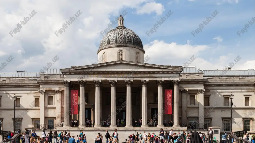 b olgandan keyin paydo bo'ldi. the present building, the third site to house the national gallery, was designed by william wilkins. building took from 1832 to 1838, when it opened. only the facade onto trafalgar square remains essentially unchanged from this time, as the building has been expanded piecemeal throughout its history. hozirgi bino, milliy galereya joylashgan uchinchi joy, uilyam uilkins tomonidan ishlab chiqilgan. bino ochilganda 1832 yildan 1838 yilgacha davom etgan. faqat trafalgar maydonining jabhasi bu vaqtdan beri deyarli o'zgarmadi, chunki bino butun tarixi davomida asta-sekin kengaytirilgan. the first suggestion for a national gallery on trafalgar square came from john nash, who envisaged it on the site of the king's mews, while a parthenon-like building for the royal academy would occupy the centre of the square. trafalgar maydonida milliy galereyani tashkil etish boʻyicha birinchi taklif jon neshdan keldi, u buni qirollik akademiyasi uchun parfenonga oʻxshash bino maydonning markazini egallashi …