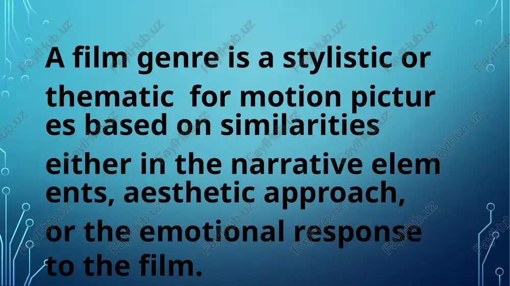 d: instead of real actors on the screen, drawn images (nowadays computer generated ones) are used to tell the story. real actors are used for the voices of the animated characters. animatsiya: ekrandagi haqiqiy aktyorlar o‘rniga, voqeani aytib berish uchun chizilgan tasvirlar (hozirgi vaqtda kompyuterda yaratilgan) ishlatiladi. animatsion qahramonlarning ovozi uchun haqiqiy aktyorlar qo'llaniladi. fantasy: situations, places and/or events that don’t comply with natural laws or settings. they often involve some form of magic or supernatural elements. there are sometimes magical creatures or beings too. fantaziya: tabiiy qonunlar yoki sozlamalarga mos kelmaydigan vaziyatlar, joylar va/yoki hodisalar. ular ko'pincha sehrli yoki g'ayritabiiy elementlarni o'z ichiga oladi. ba'zida sehrli mavjudotlar yoki mavjudotlar ham bor. thank you for your attention!!! e’tiboringiz uchun rahmat!!! image2.png image3.jpeg image4.jpeg image5.jpeg image6.jpeg image7.jpeg /docprops/thumbnail.jpeg