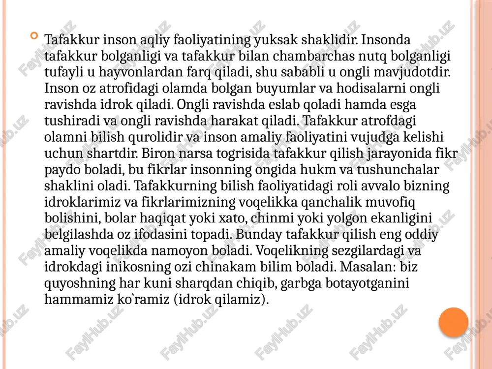 rok vositasi bilan bilib olishimiz mumkin bolmagan narsa yoki hodisalarni, narsa yoki hodisalarning xususiyatlarini, ularning boglanish va munosabatlarini tafakkur vositasi bilan bilib olamiz. masalan: bizga malumki, agar yoruglik nuri shisha prizma orqali otkazilsa bu nur spektorni etti rangiga ajralib ketadi. bu ranglarni biz idrok qilamiz (kozimiz bilan koramiz). lekin fizikadan bizga shu narsa aniqki, bu nurlardan bolak yana boshqa nurlar ham bor. bu nurlar infraizil, ul’trabinafsha nurlar deb ataladi. bu nurlarni biz kormaymiz. bunday nurlarni borligi tafakkur yordami bilan kashf qilingan. biz tasavvur qilishimiz mumkin bolgan kopgina hodisalar bor. biz bu hodisalar togrisida faqat fikr yurita olamiz. tafakkur voqelikni umumlashtirib aks ettirishdir. biz ayrim narsalarni va hodisalarni, masalan, alohida stolni yoki stulni idrok qilamiz, tasavvur qilamiz, ammo umuman stol va stul togrisida fikrlashimiz mumkin. umumlashtirish natijasida bir hukmning ozida ayni vaqtda yakka bir narsa togrisidagina fikr qilib qolmasdan, balki shu narsa bilan birga narsalarning butun bir turkumi togrisida ham fikr …