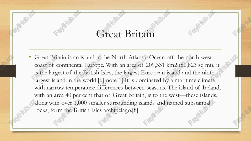 bog’langan [9] buyuk britaniyada taxminan 30 000 yil davomida zamonaviy odamlar yashab kelmoqda. 2011-yilda u 61 millionga yaqin aholiga ega boʻlib, uni indoneziyadagi java va yaponiyadagi xonsyu orollaridan keyin aholisi eng koʻp boʻlgan uchinchi orolga aylantirdi.[10][11] • • “buyuk britaniya” atamasi angliya, shotlandiya va uelsning offshor orollarini o’z ichiga olgan siyosiy hududiga ham tegishli bo’lishi mumkin.[12] bu hudud va shimoliy irlandiya buyuk britaniyani tashkil qiladi.[13] buyuk britaniyaning yagona qirolligi 1707 yilda angliya (o’sha paytda uelsni o’z ichiga olgan) va shotlandiya qirolliklari o’rtasidagi ittifoq to’g’risidagi aktlar natijasida slide 1: abduxoliqova feruza 201-group slide 2: great britain slide 3 slide 4 slide 5 slide 6